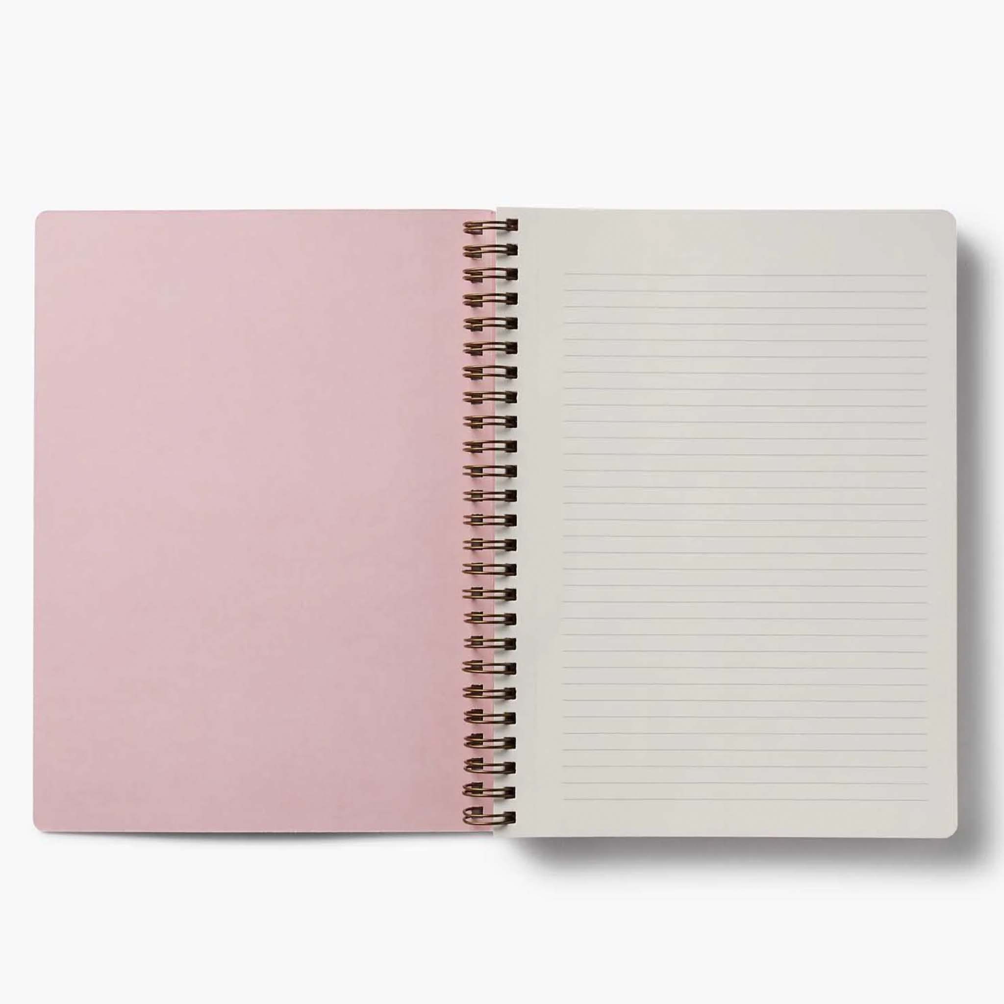 Interior view of Rifle Paper Spiral Notebook - Garden Party with ruled pages and blush pink cover.