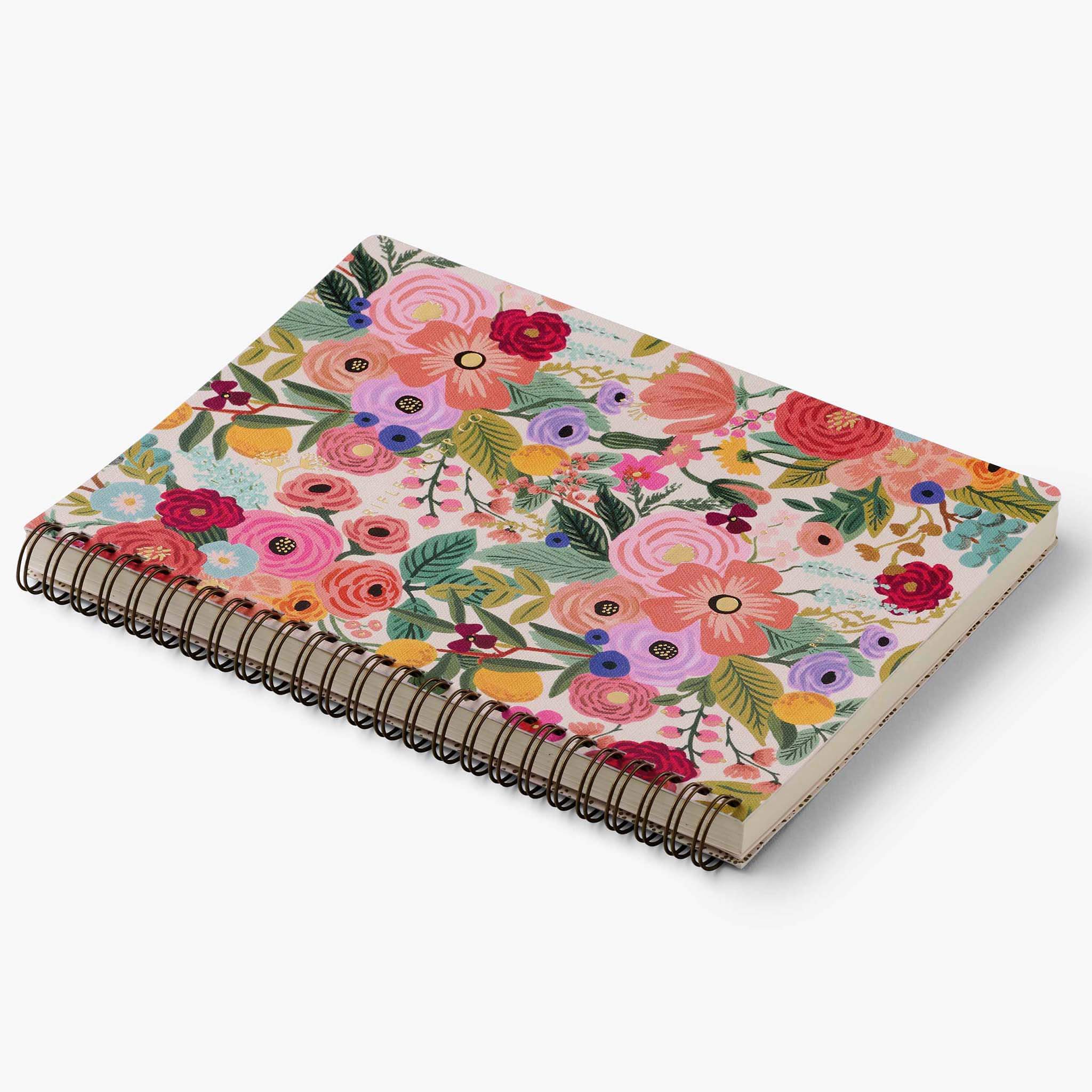 Rifle Paper Spiral Notebook - Garden Party with vibrant floral design featuring roses, ranunculus, and gold foil accents.