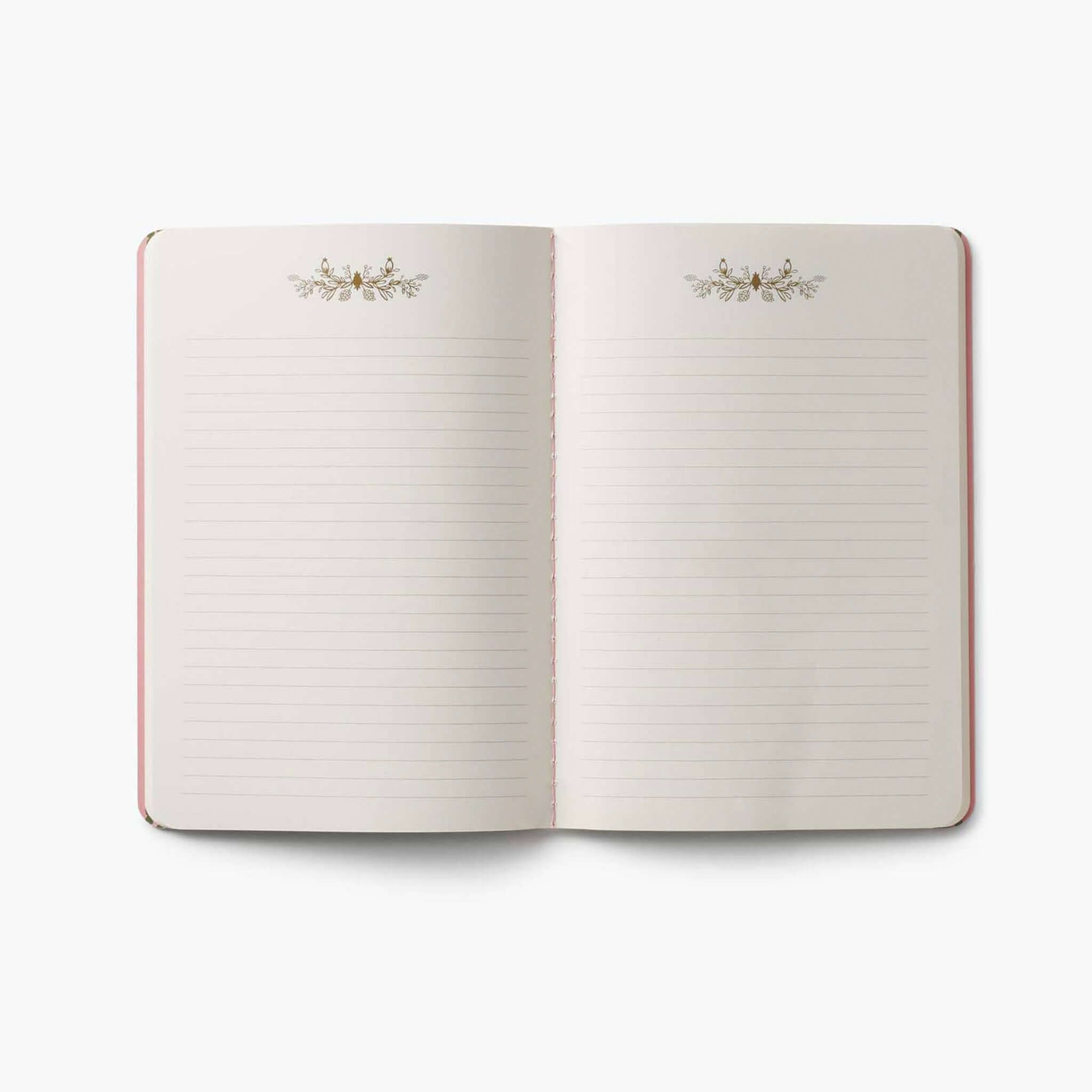 Inside view of the Rifle Paper Stitched Notebook Set - Jane Austen, featuring lined pages with floral accents.