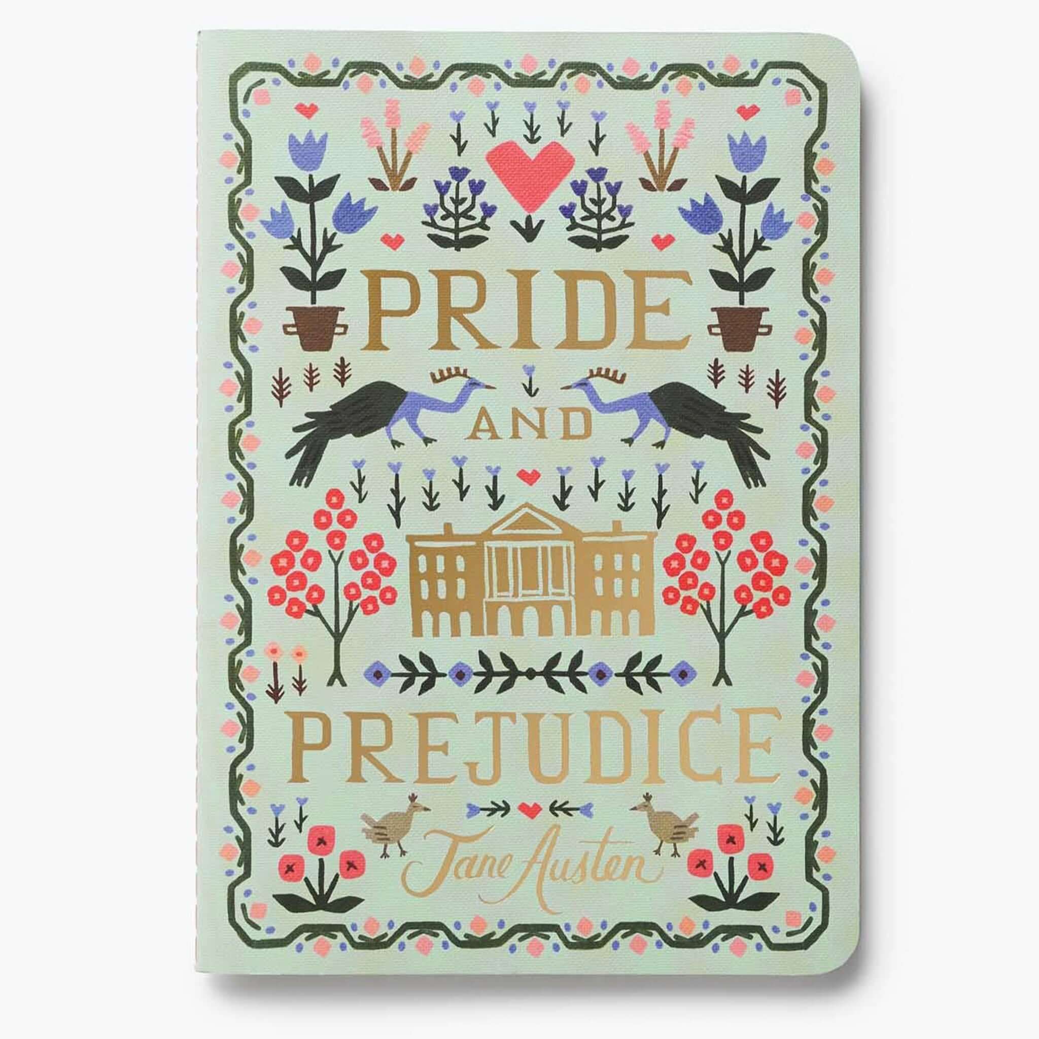 Rifle Paper Stitched Notebook Set - Jane Austen featuring Pride and Prejudice design with floral illustrations.