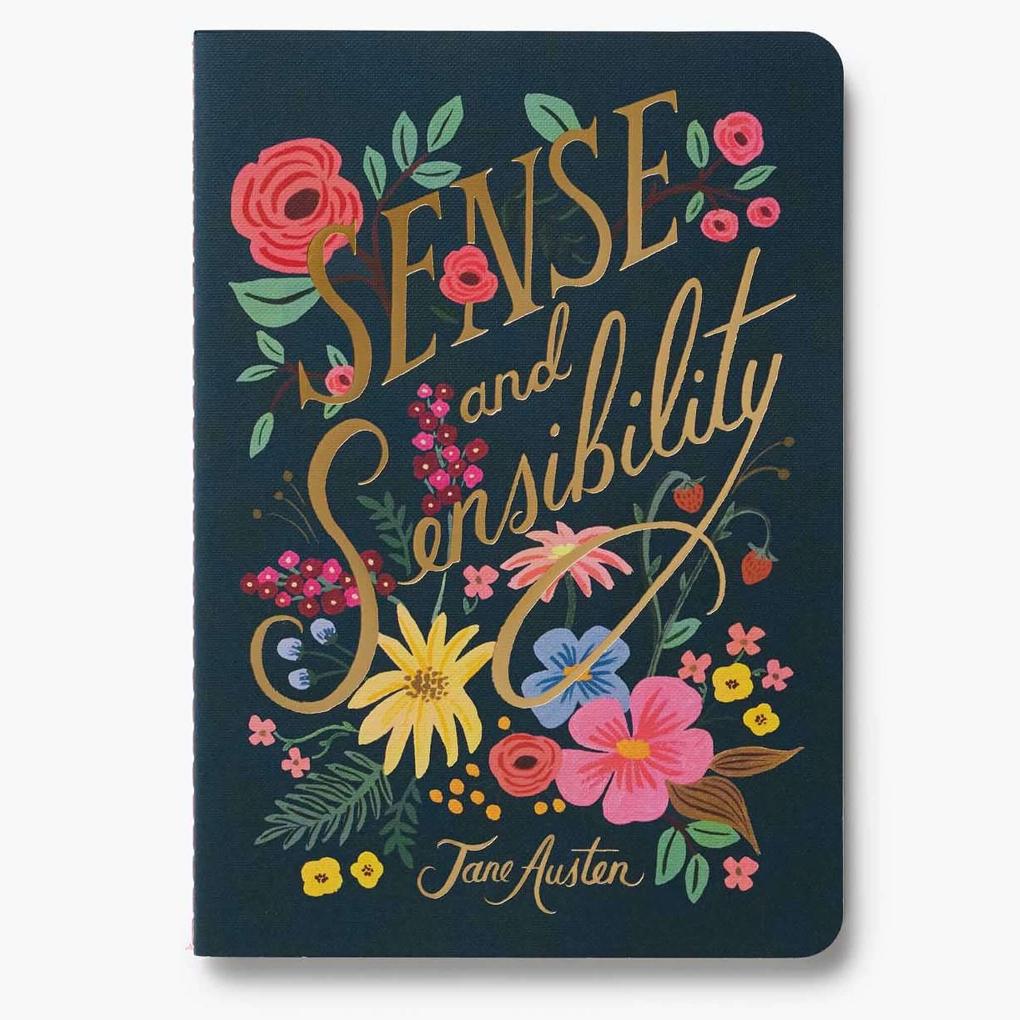 Rifle Paper Stitched Notebook Set - Jane Austen with floral design and gold lettering on a dark cover.