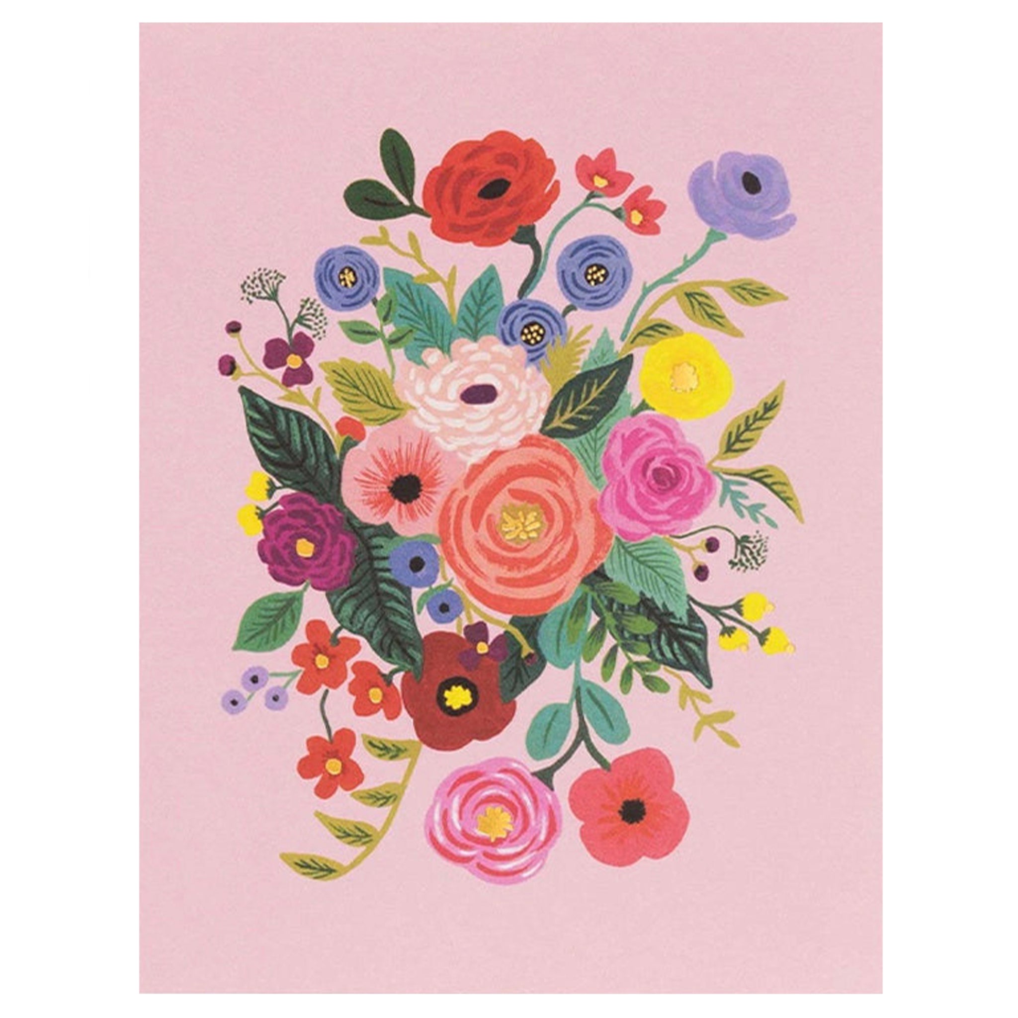 Card with a colorful floral arrangement on a pink background
