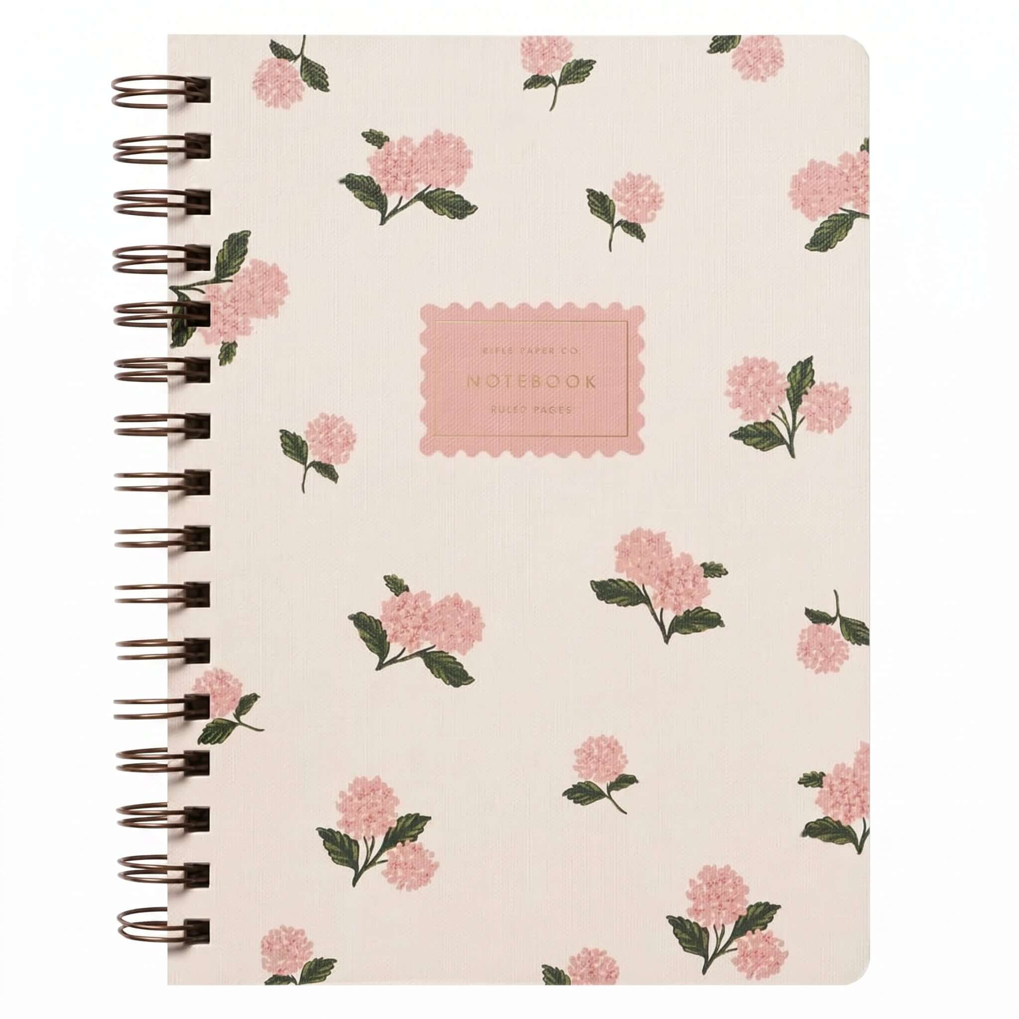 Rifle Paper US Spiral Notebook - Pink Hydrangea featuring soft pink hydrangea blooms on a cream background.