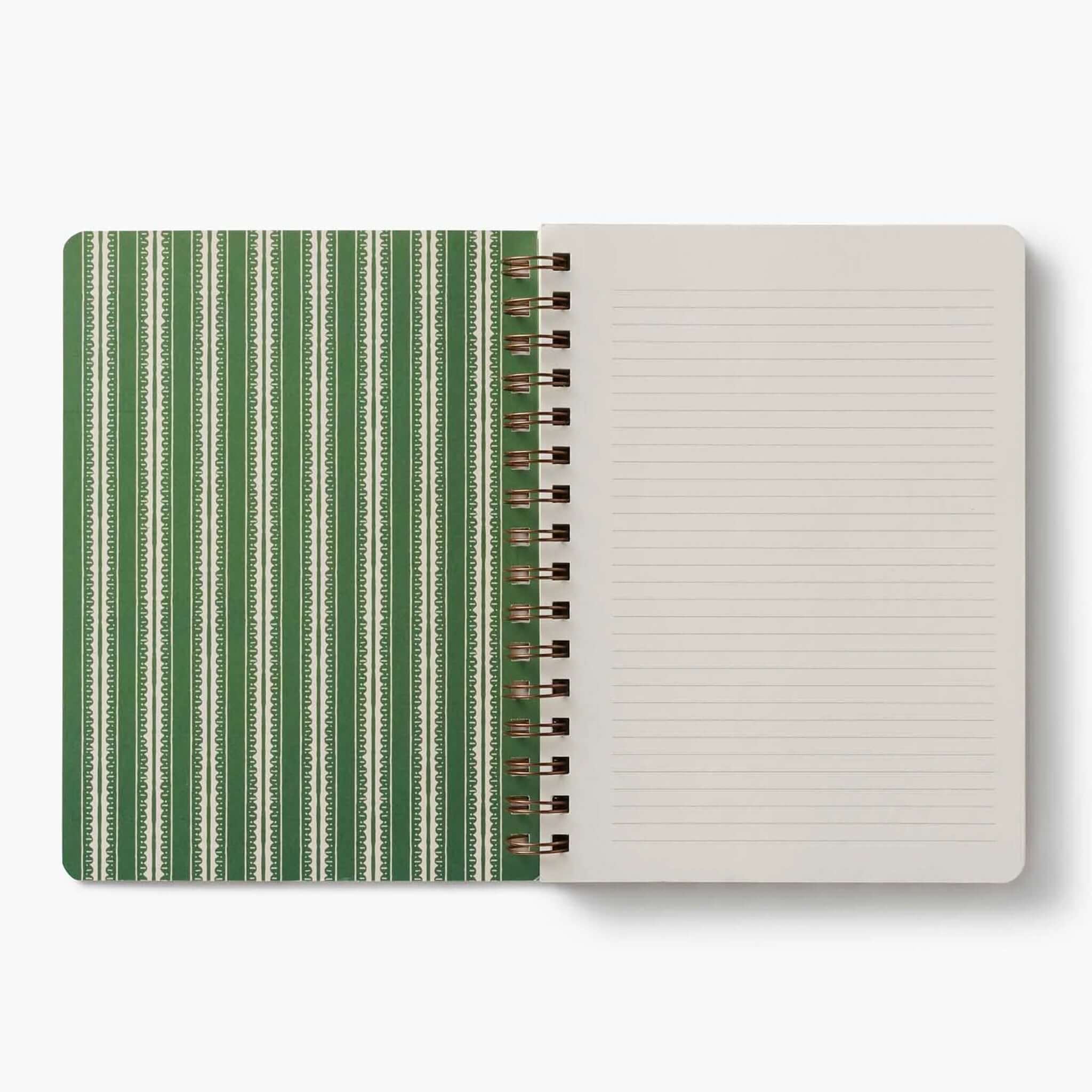 Rifle Paper US Spiral Notebook - Pink Hydrangea inside view with striped green design and blank lined pages.