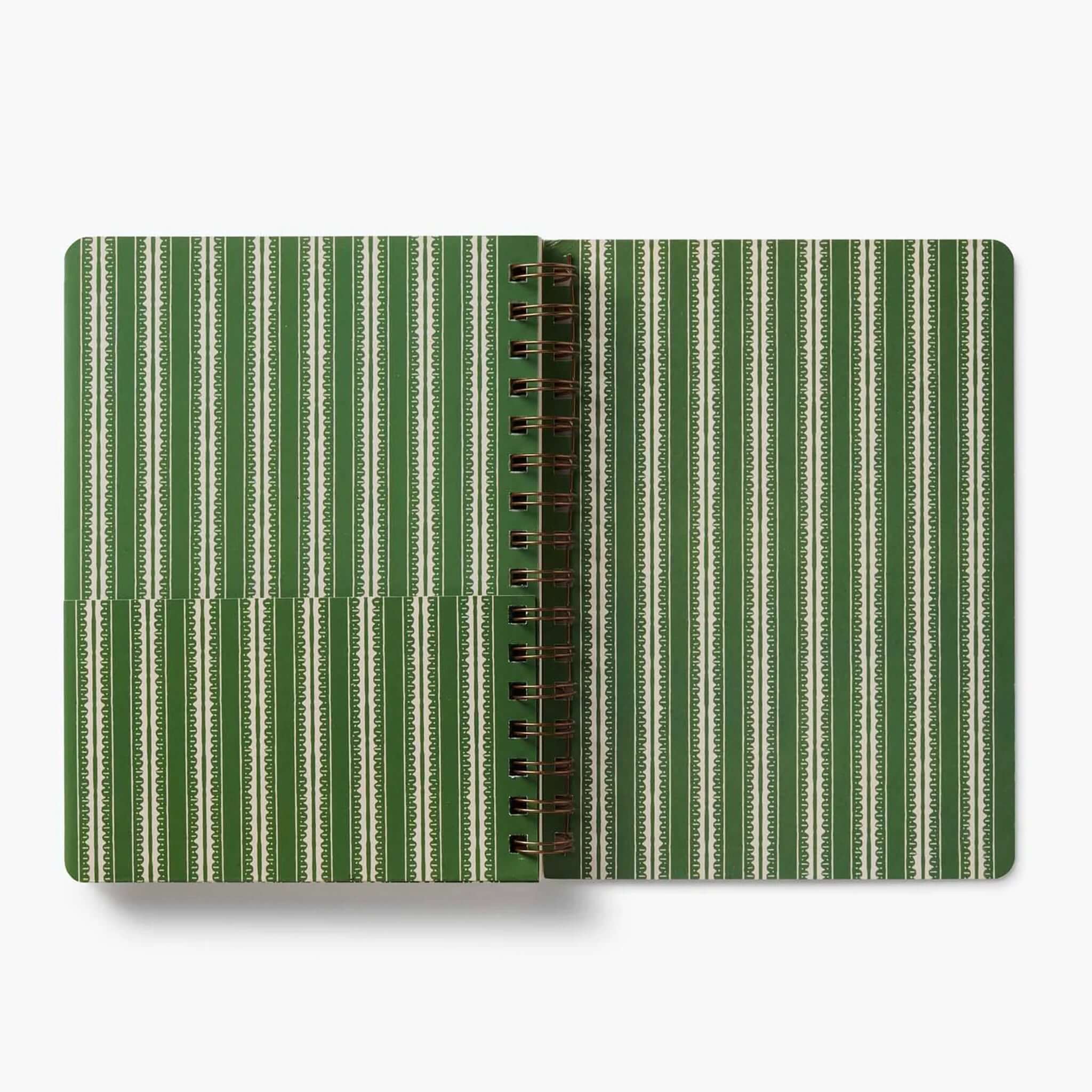 Rifle Paper US Spiral Notebook - Pink Hydrangea showing green striped interior and rose gold spiral design.