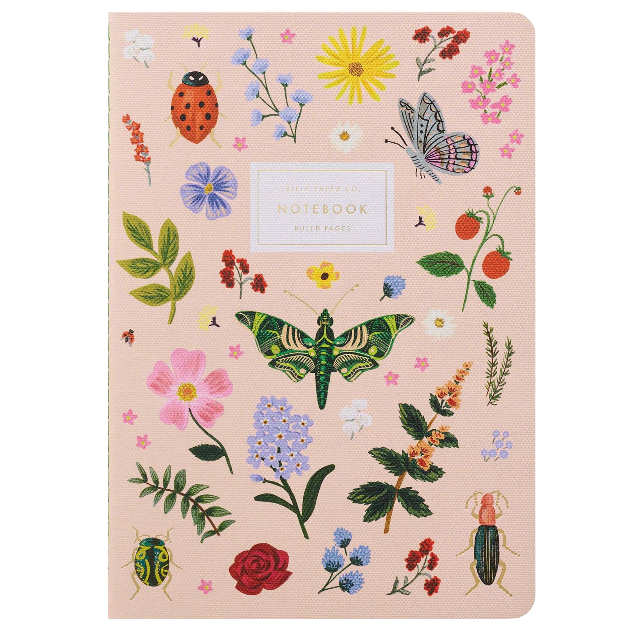 Rifle Paper US Stitched Notebook Set - Curio featuring colorful floral and insect designs on a pink cover.