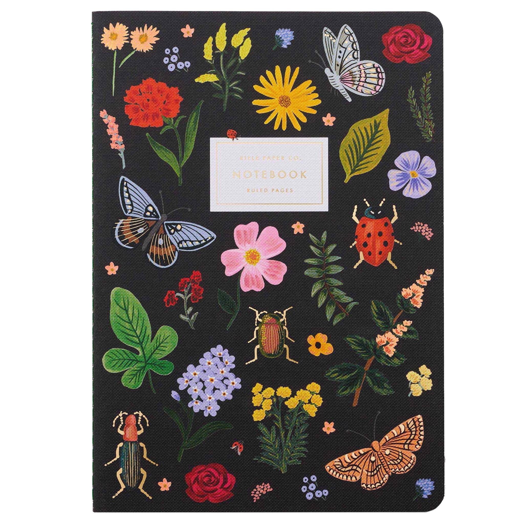 Rifle Paper US Stitched Notebook Set - Curio with vibrant floral and insect designs on black cover.