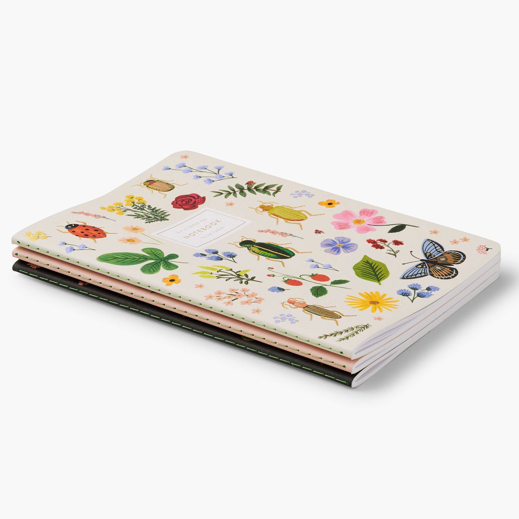 Rifle Paper US Stitched Notebook Set - Curio featuring floral designs and stitched binding in a set of 3.