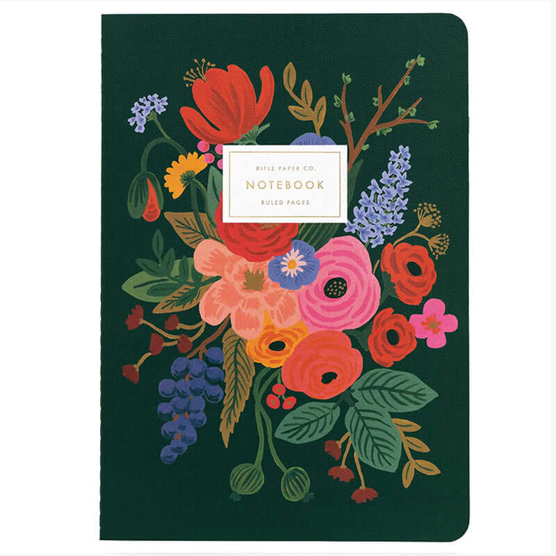 Rifle Paper Stitched Notebook Set - Garden Party in deep forest green with vibrant floral illustration.