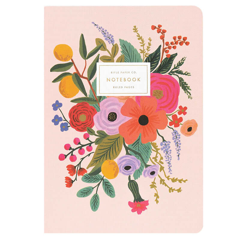Rifle Paper Stitched Notebook Set - Garden Party floral design notebook with pink background and colorful flowers.