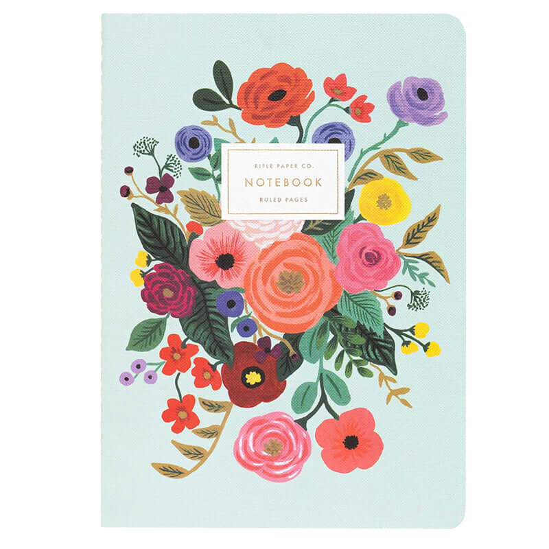 Rifle Paper Stitched Notebook Set - Garden Party with vibrant floral illustrations on mint background.