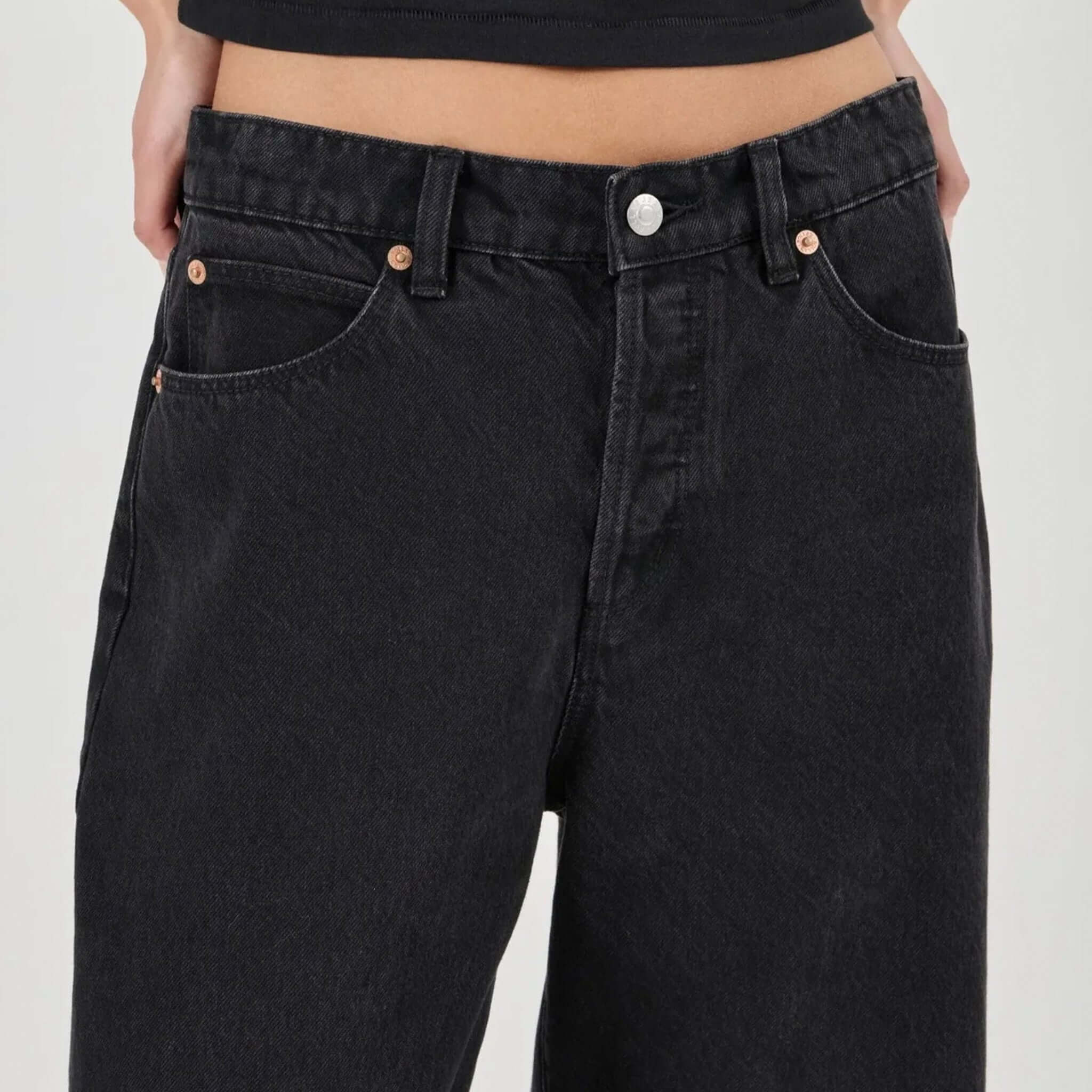 Alt Tag: Rolla's Arc Barrel Jeans - Black Sand mid-rise black cotton denim jeans, relaxed fit with barrel leg silhouette, front waist detail