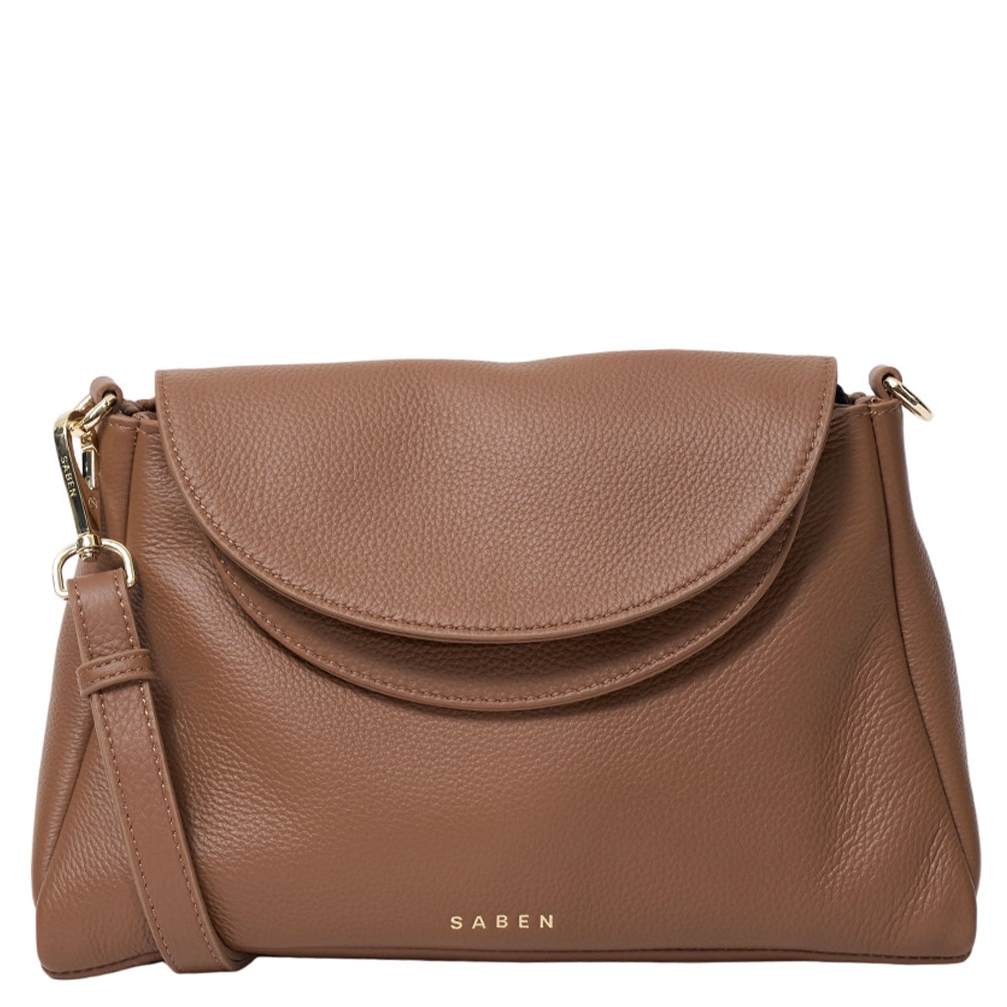 Brown leather handbag with a visible brand name on a white background