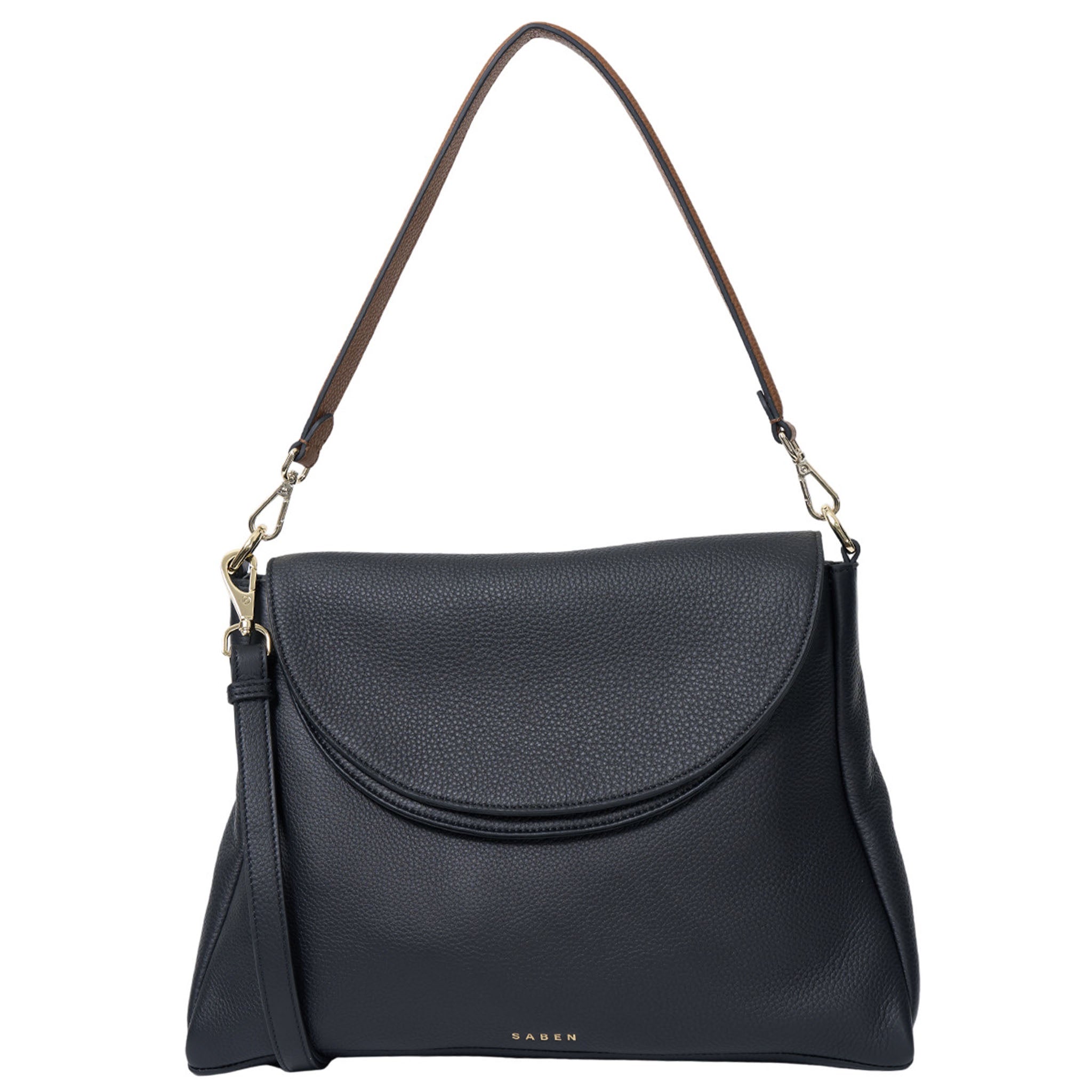 Black handbag with a brown strap on a white background