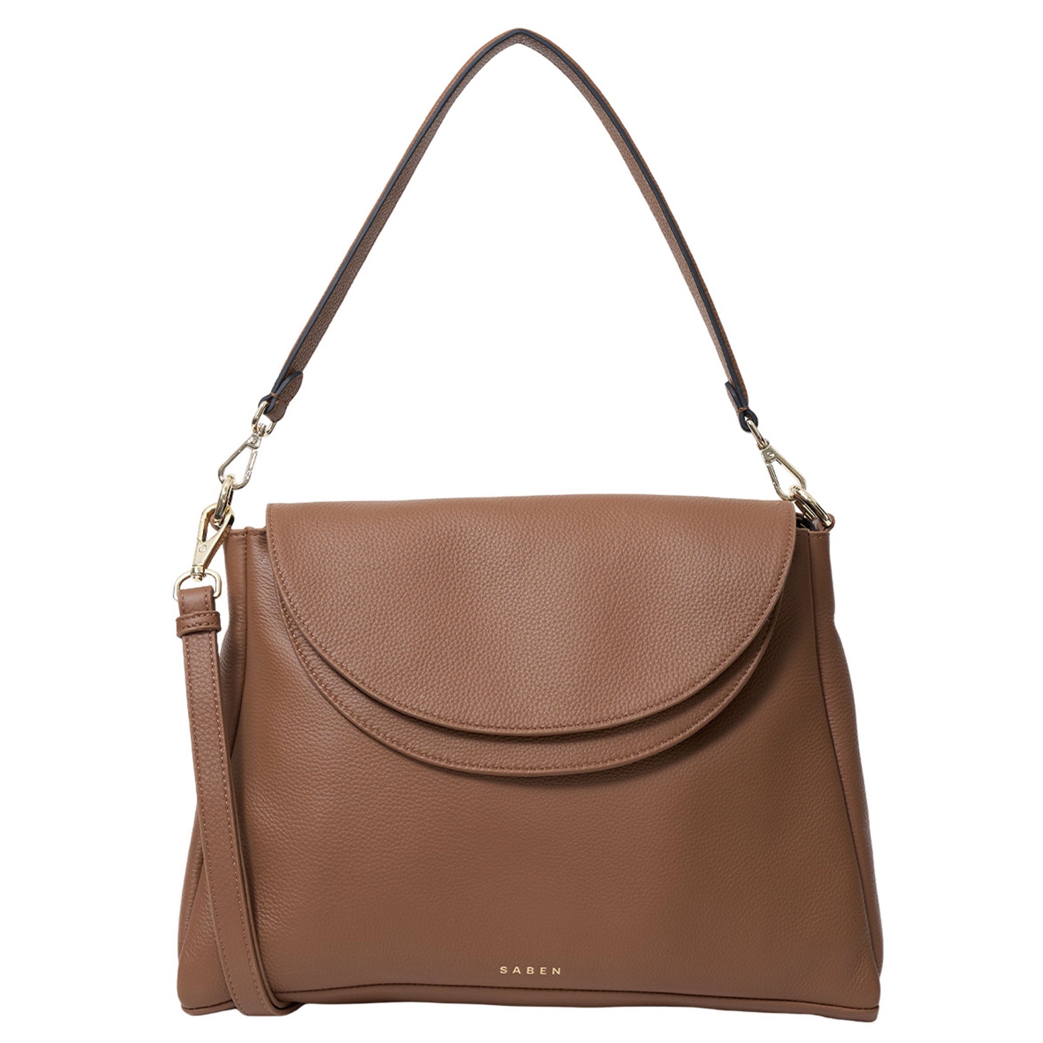 Brown handbag with a shoulder strap on a white background