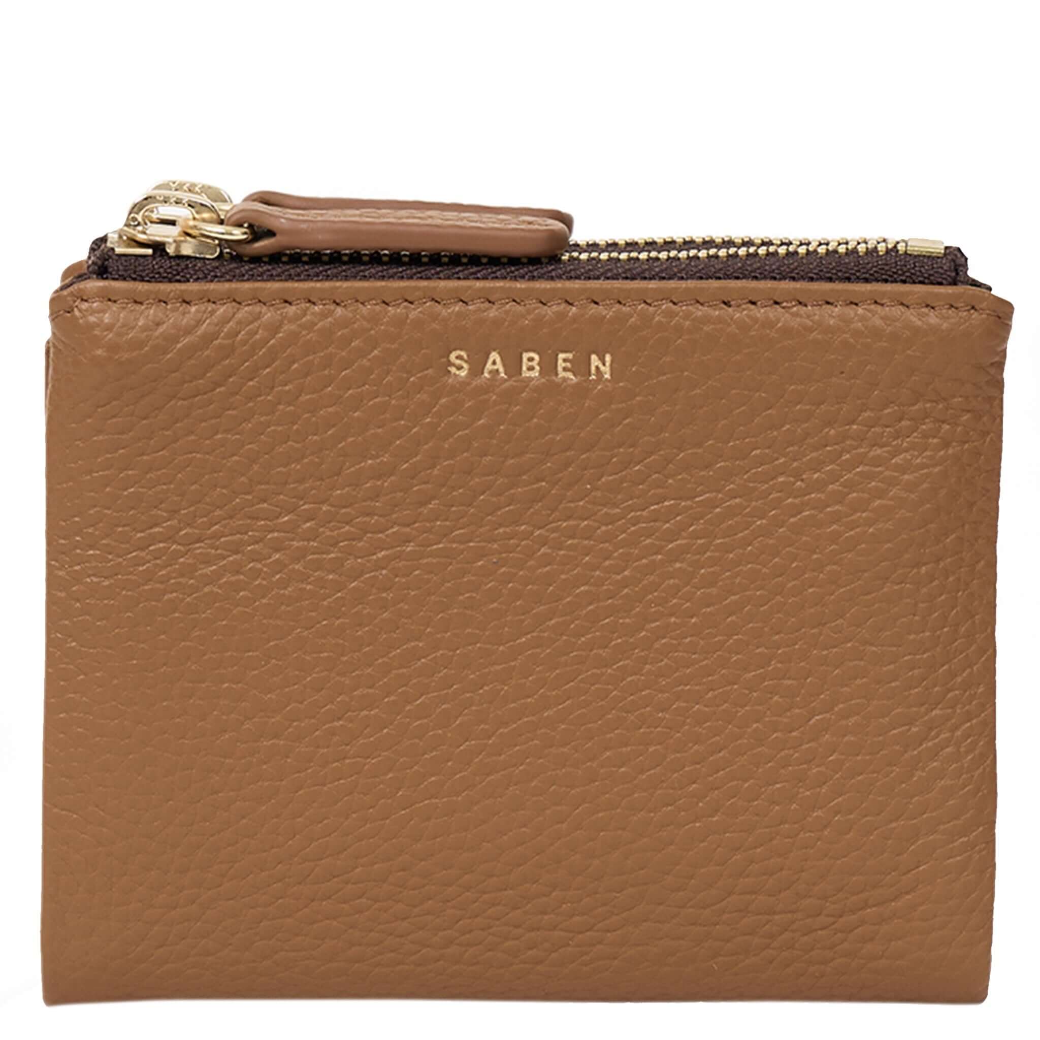 Alt Tag: Saben Delilah Wallet - Toffee compact toffee leather wallet with gold logo and zip coin pocket