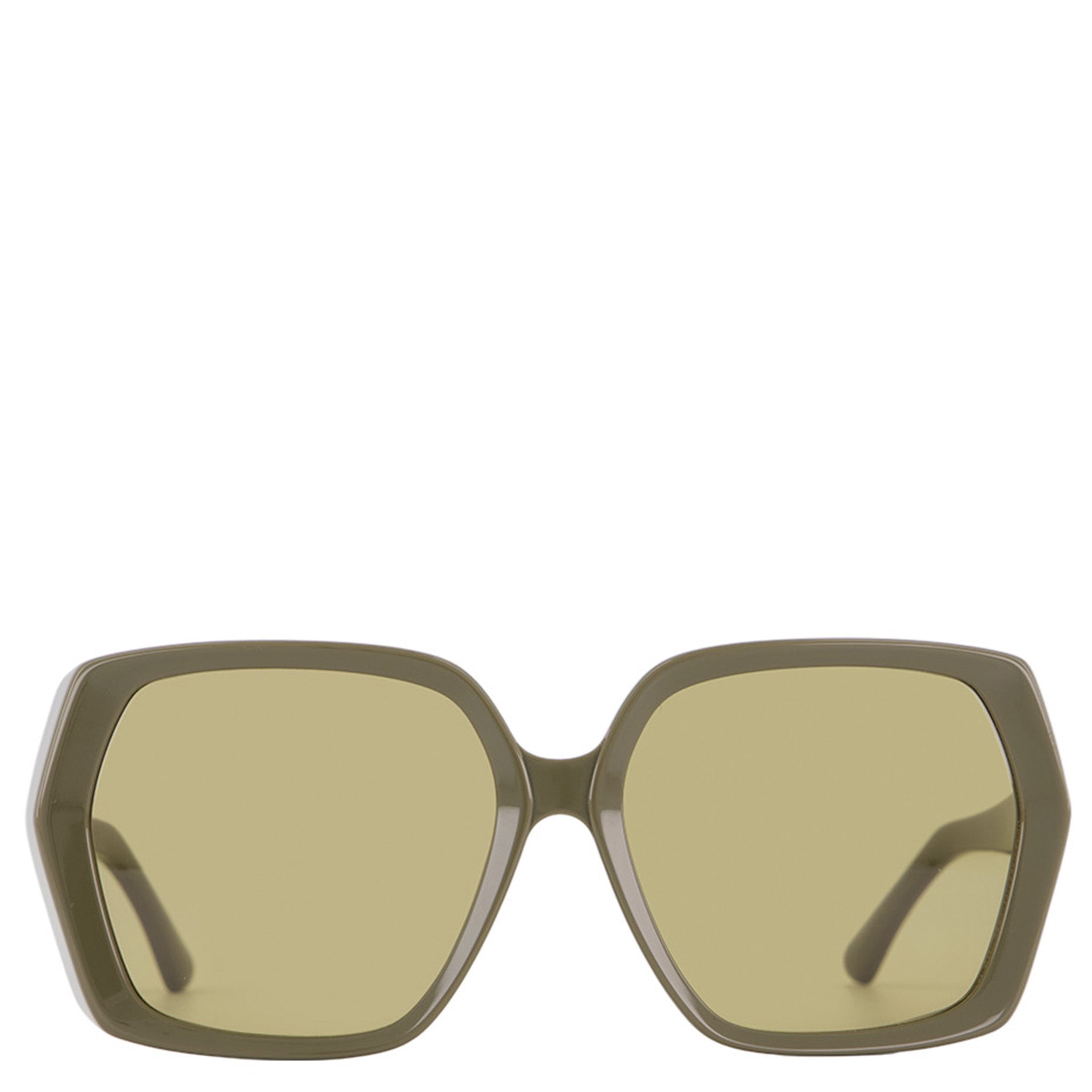 Sunglasses with a green tint on a white background
