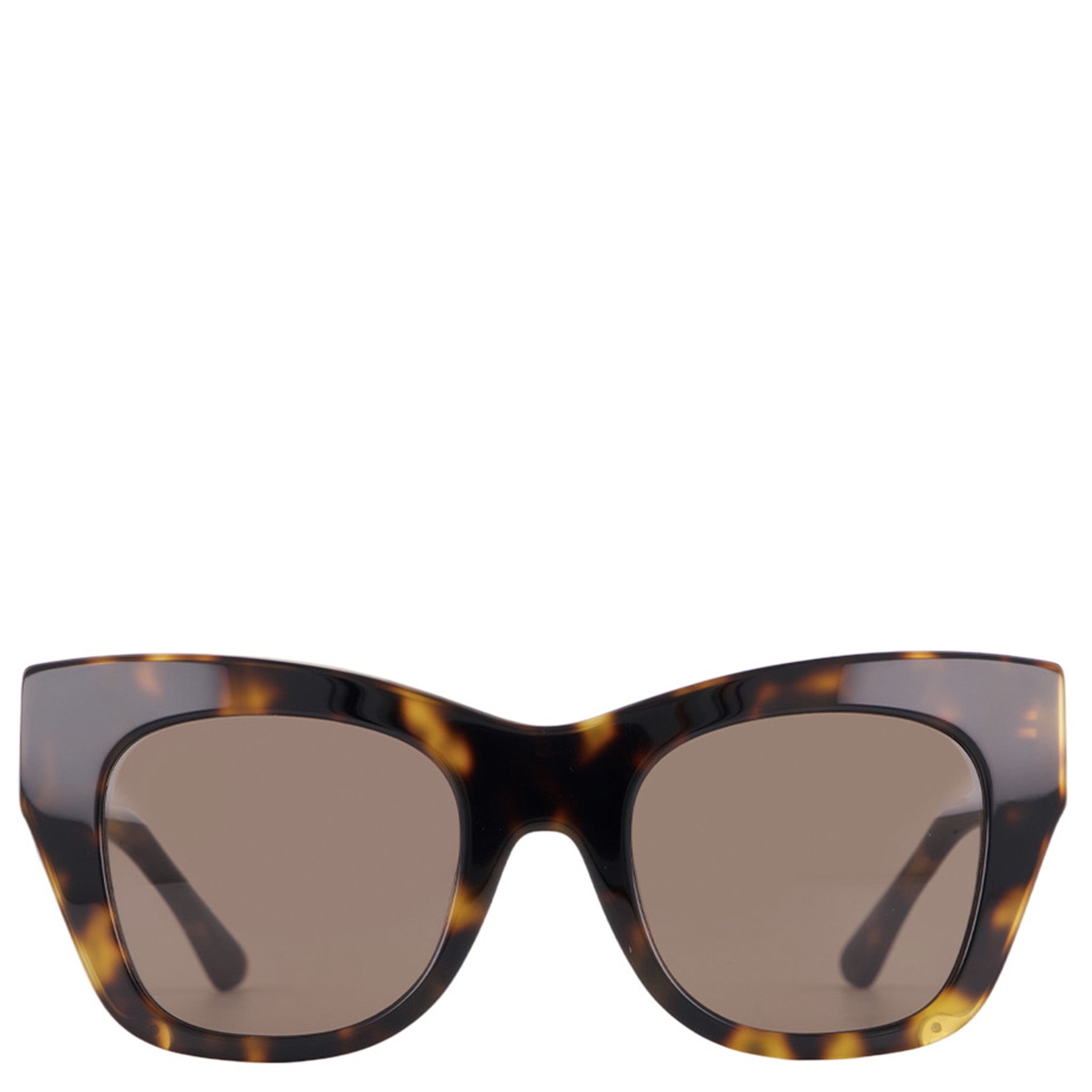 Tortoiseshell sunglasses with brown lenses on a white background