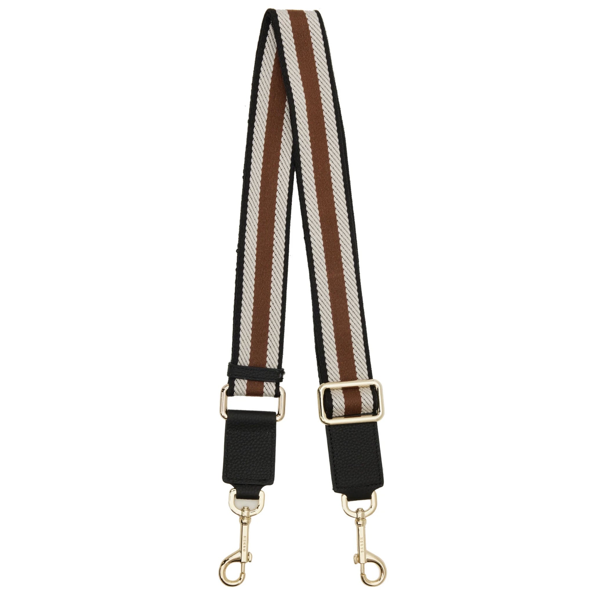 Striped bag strap with gold hardware on a white background