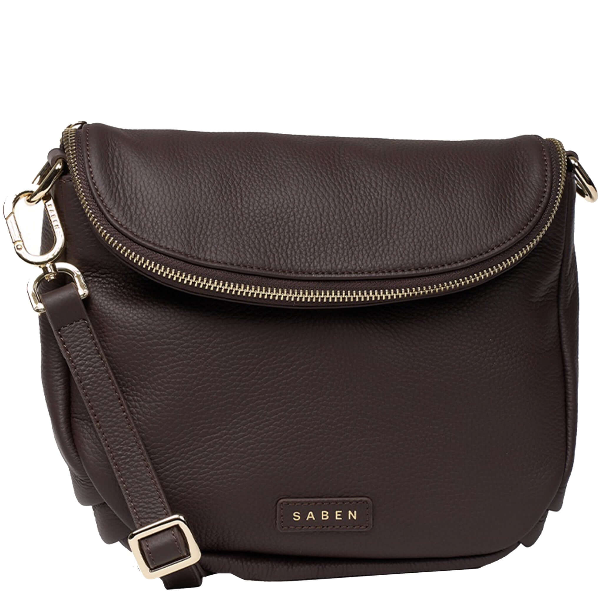 Saben Fifi Crossbody Bag - Cacao in soft pebbled leather, featuring a stylish draped pocket detail and adjustable strap.