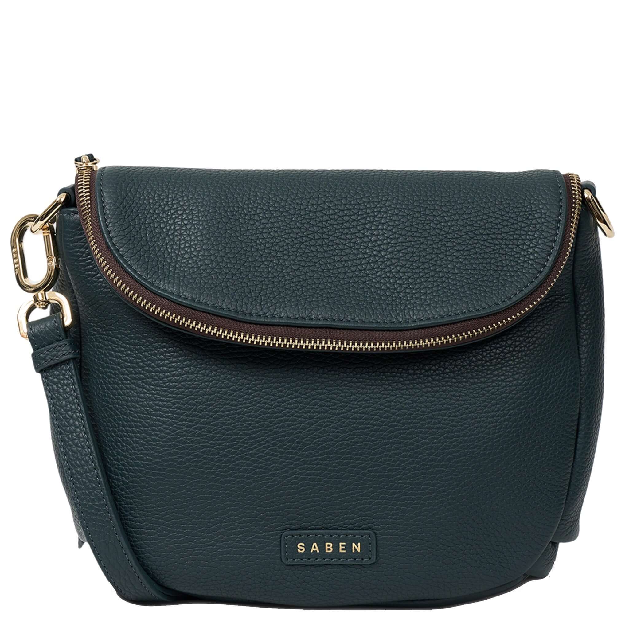 Saben Fifi Crossbody Bag - Hunter Green in soft pebbled leather with curved zip pocket and gold hardware