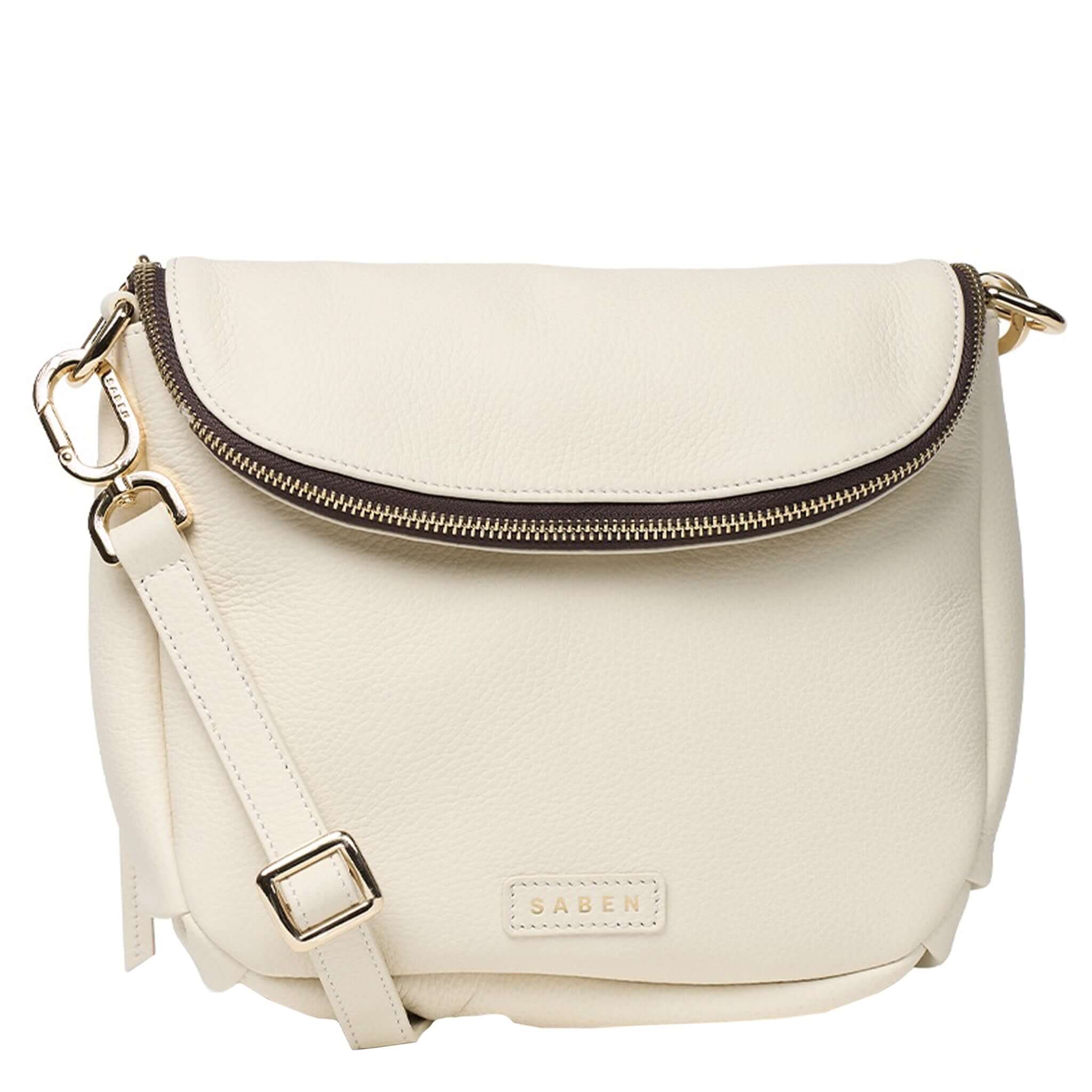 Saben Fifi Crossbody Bag - Quartz in soft pebbled leather with draped pocket detail, perfect for chic everyday style.