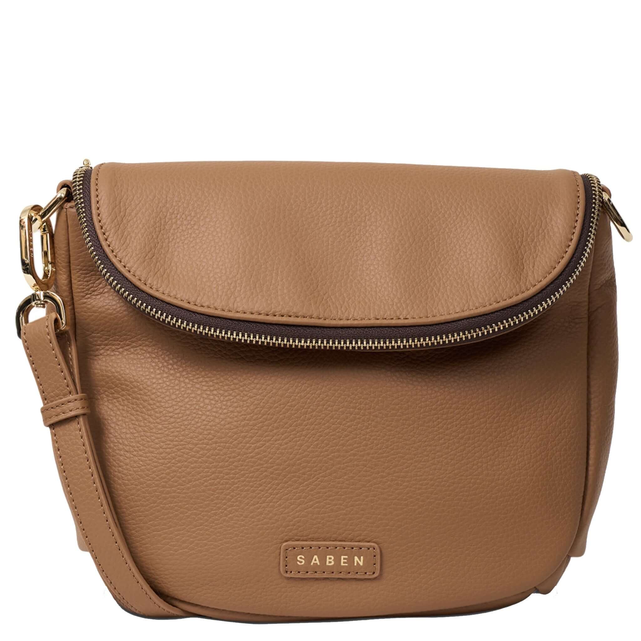 Alt Tag: Saben Fifi Crossbody Bag - Toffee compact pebbled leather crossbody bag with draped pocket detail and zip closure