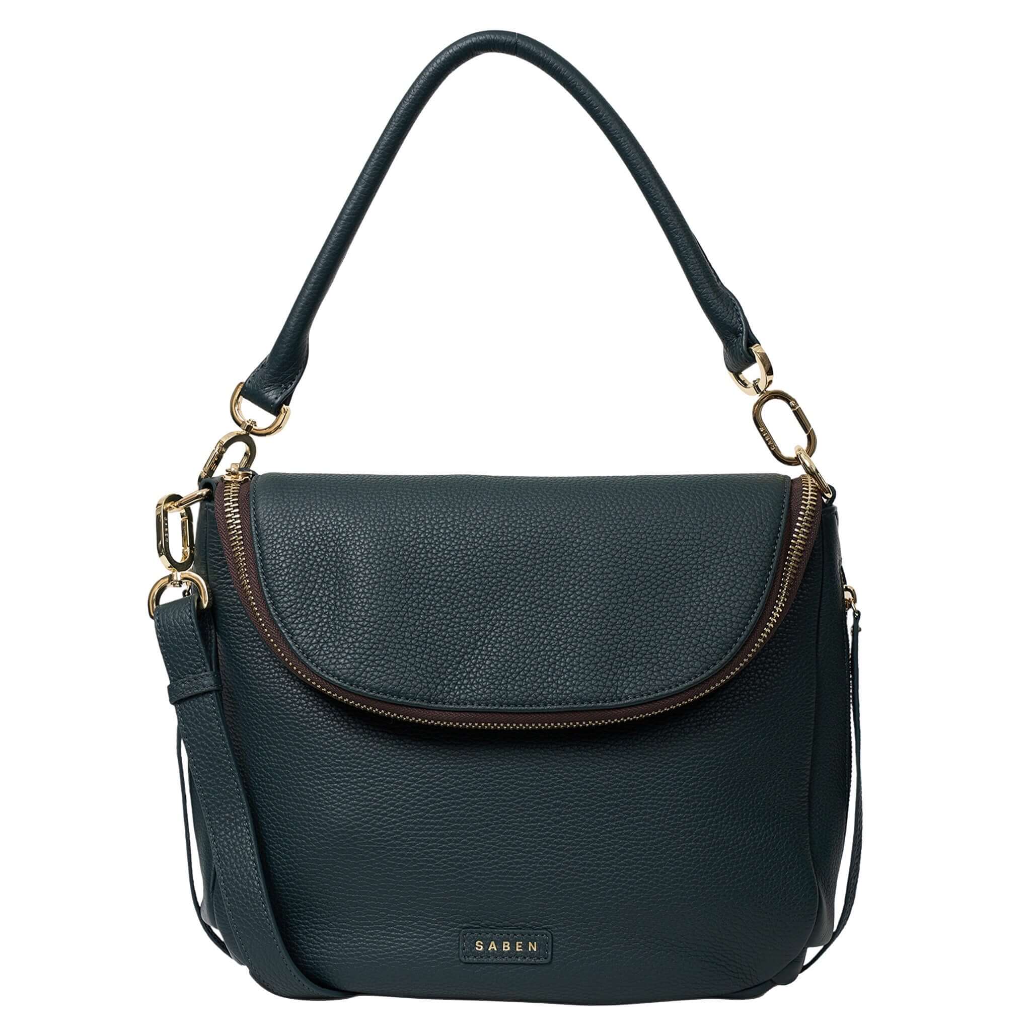 Alt Tag: Saben Frankie Shoulder Bag - Hunter Green pebbled leather slouchy shoulder bag with front flap zip compartment