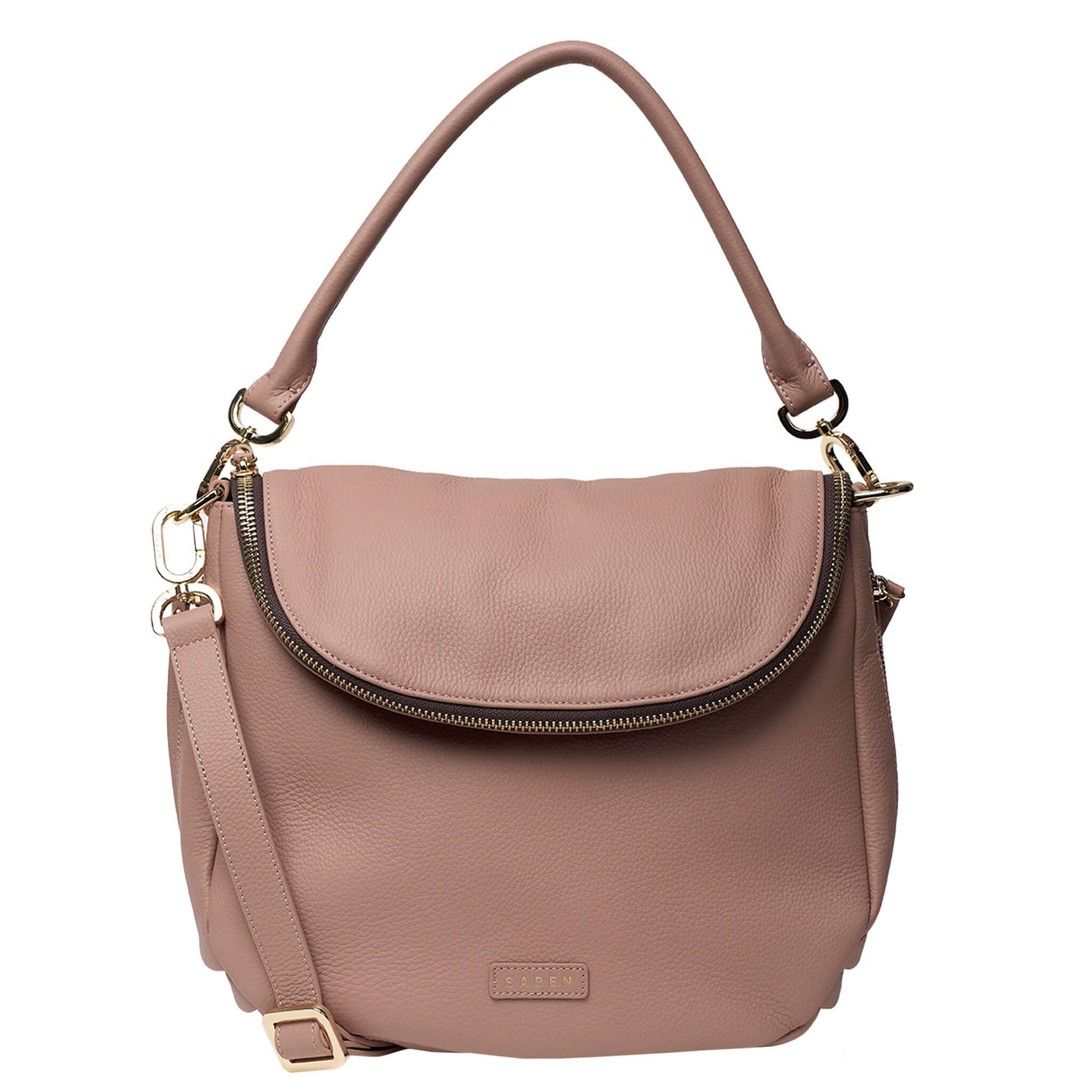 Saben Frankie Shoulder Bag - Rosewater, slouchy design in rosewater leather with oversized front flap.