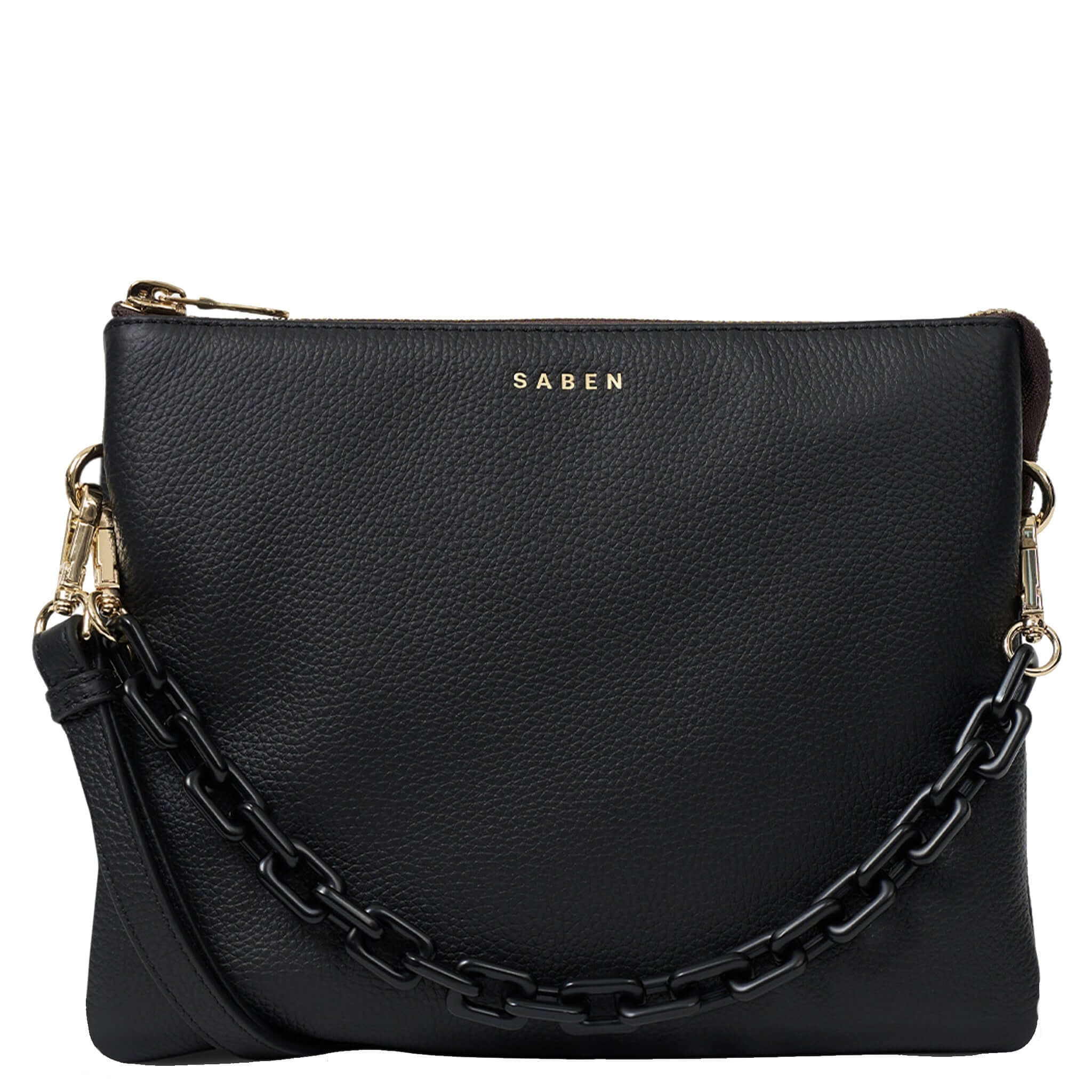 Alt Tag: Saben Matilda Crossbody Bag - Black with Tonal Chain black leather crossbody bag with tonal chain strap and zip top