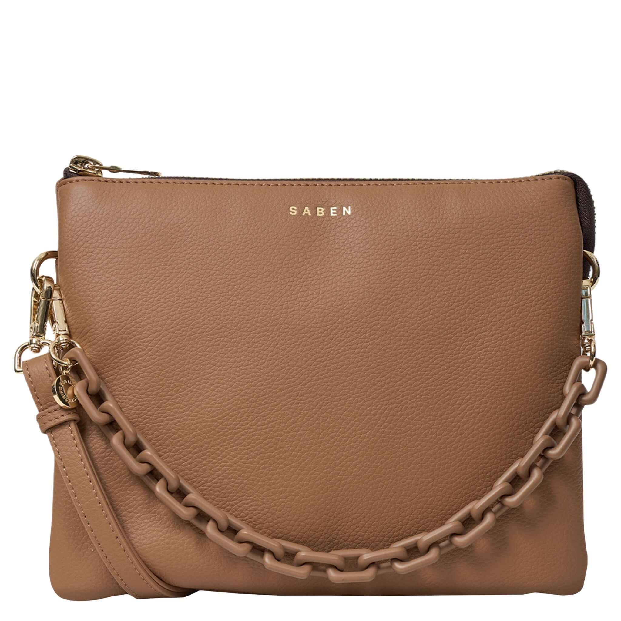 Alt Tag: Saben Matilda Crossbody Bag - Toffee with Tonal Chain in luxe toffee leather, front view with tonal chain strap