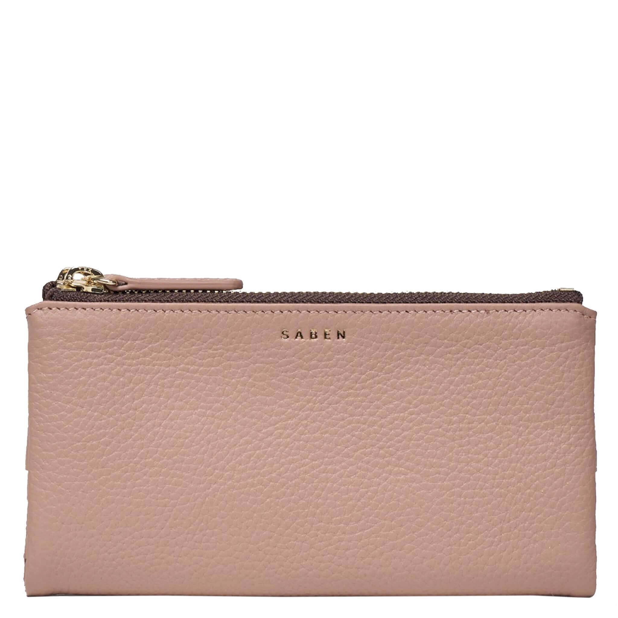Saben Sam Wallet - Rosewater, elegant leather wallet with gold-plated hardware and zipper closure.