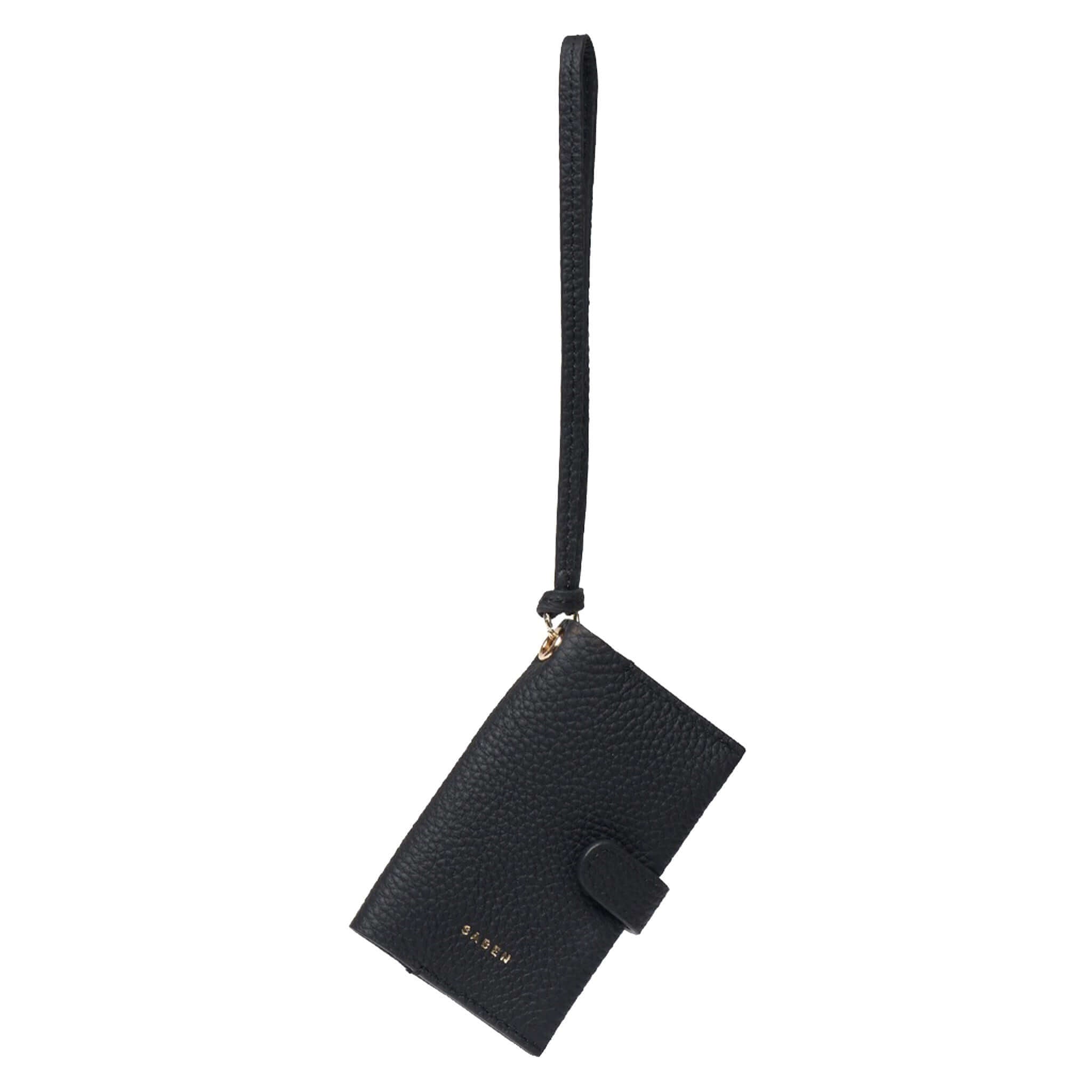 Saben Sid Card Holder - Black with wristlet strap in soft pebble leather, ideal for organizing cards.