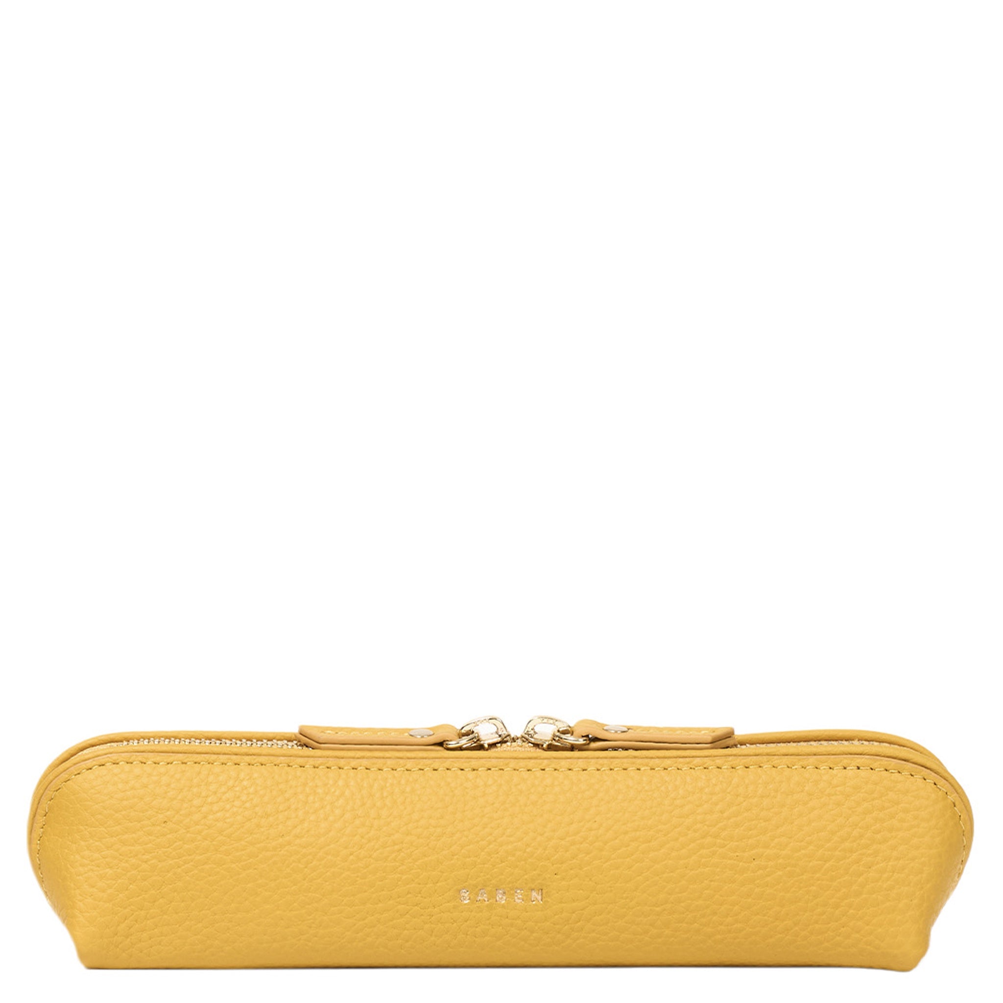 Yellow pencil case with gold zipper on a white background