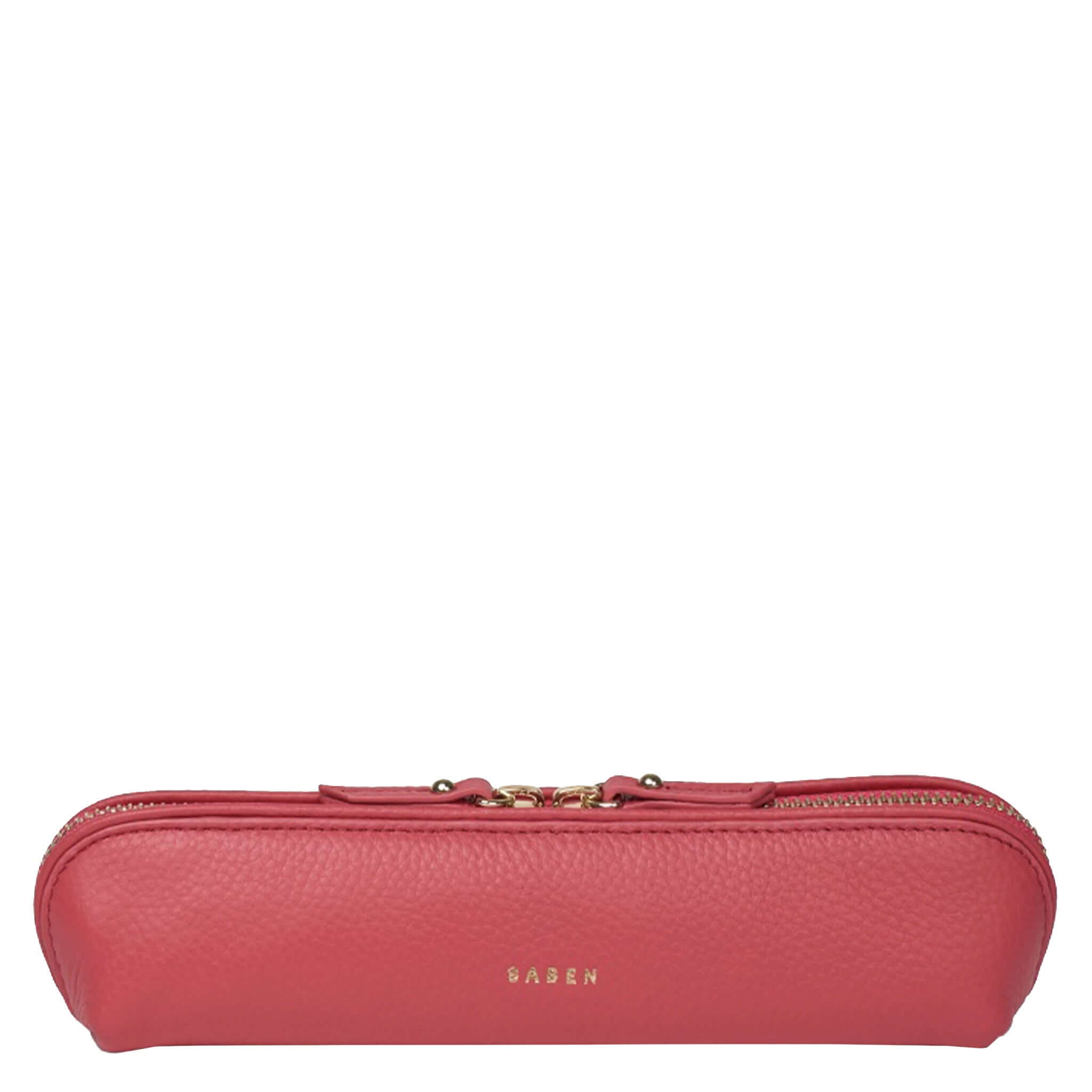 Saben Tali Pencil / Cosmetic Case - Azalea in chic pink leather with gold zipper and logo.