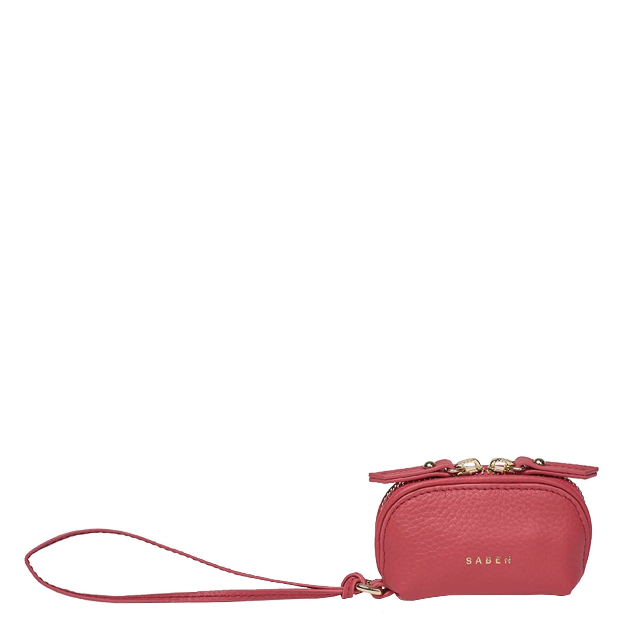 Saben Tarin Small Wristlet Pouch - Azalea in pink leather with gold zipper and wrist strap for small essentials.