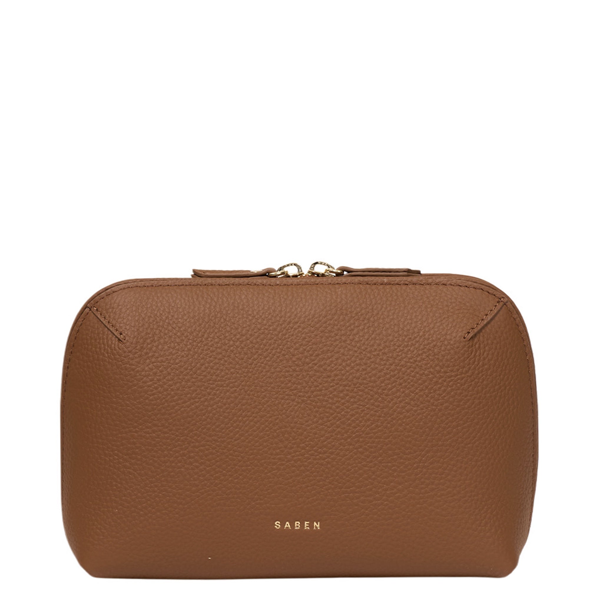 Brown leather pouch with 'SABEN' branding on a white background