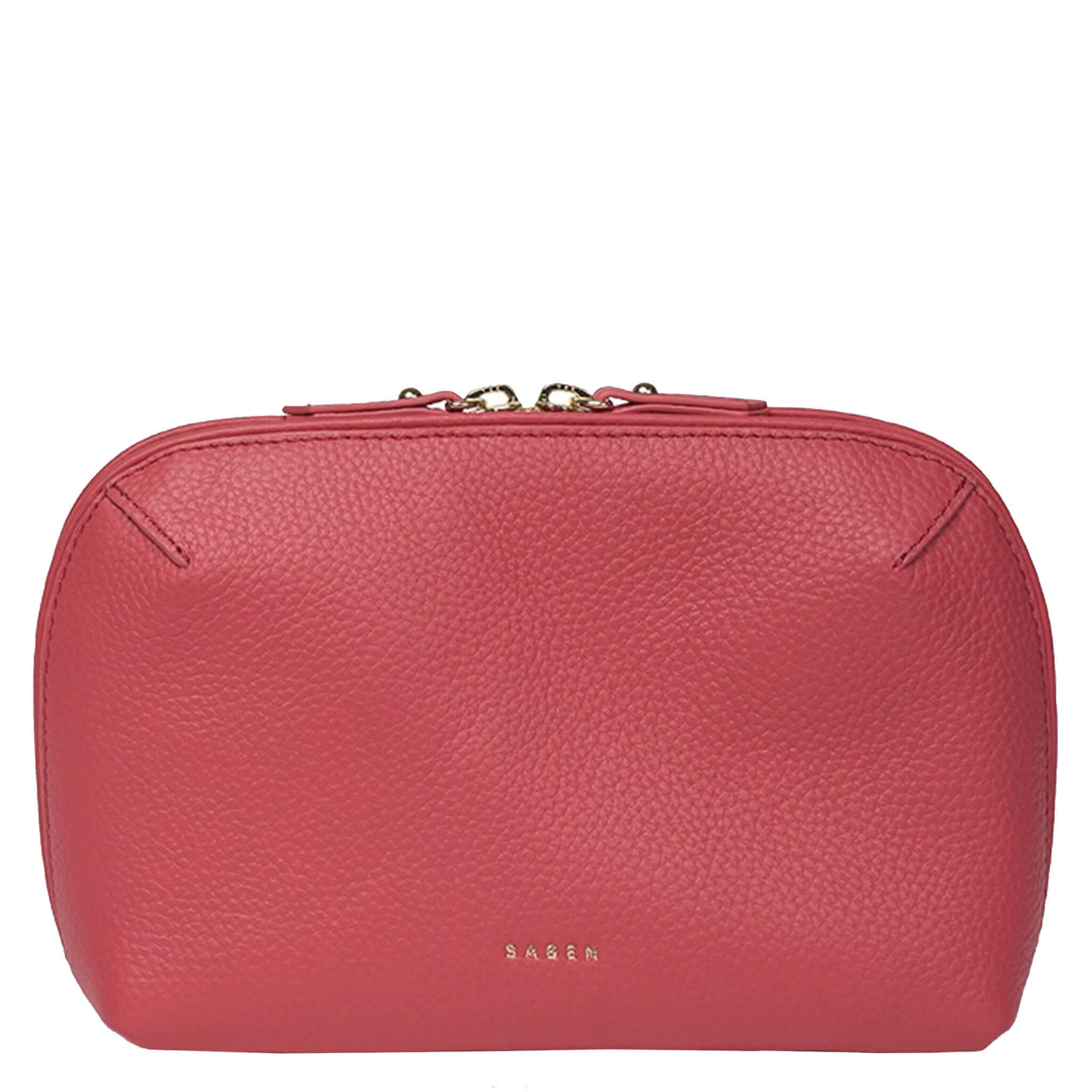 Saben Tate Tech / Cosmetic Pouch - Azalea in luxurious pink leather with gold zipper detail.