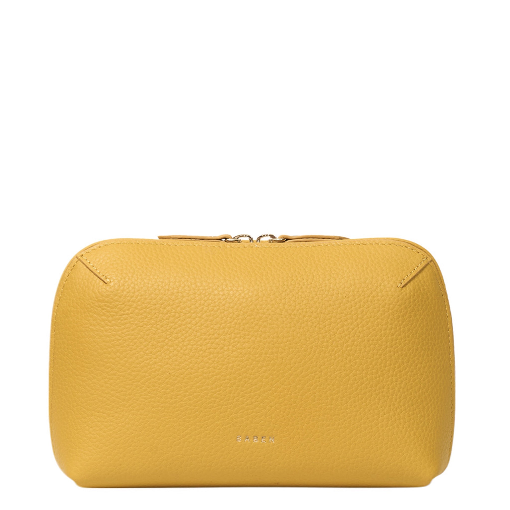 Yellow leather pouch with a brand logo on a white background