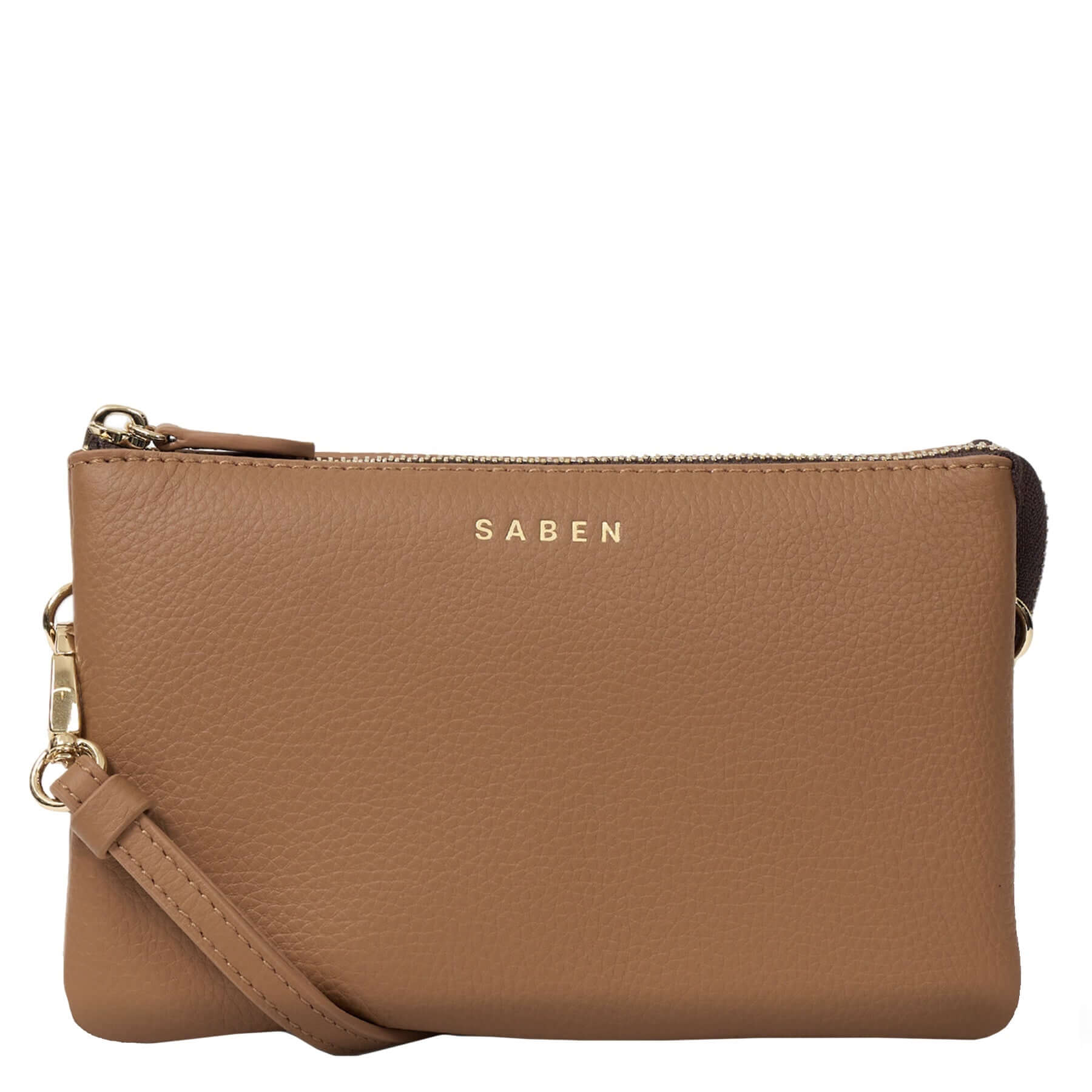 Saben Tilly Crossbody Bag - Toffee leather wallet clutch and crossbody bag with gold zip and strap