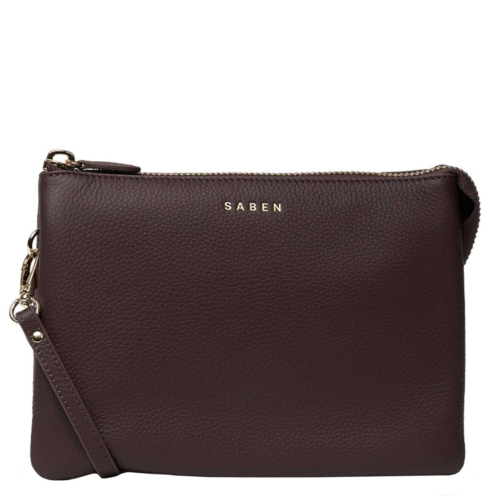 Saben Tilly's Big Sis Crossbody Bag - Cacao in pebbled leather with gold hardware and adjustable strap.