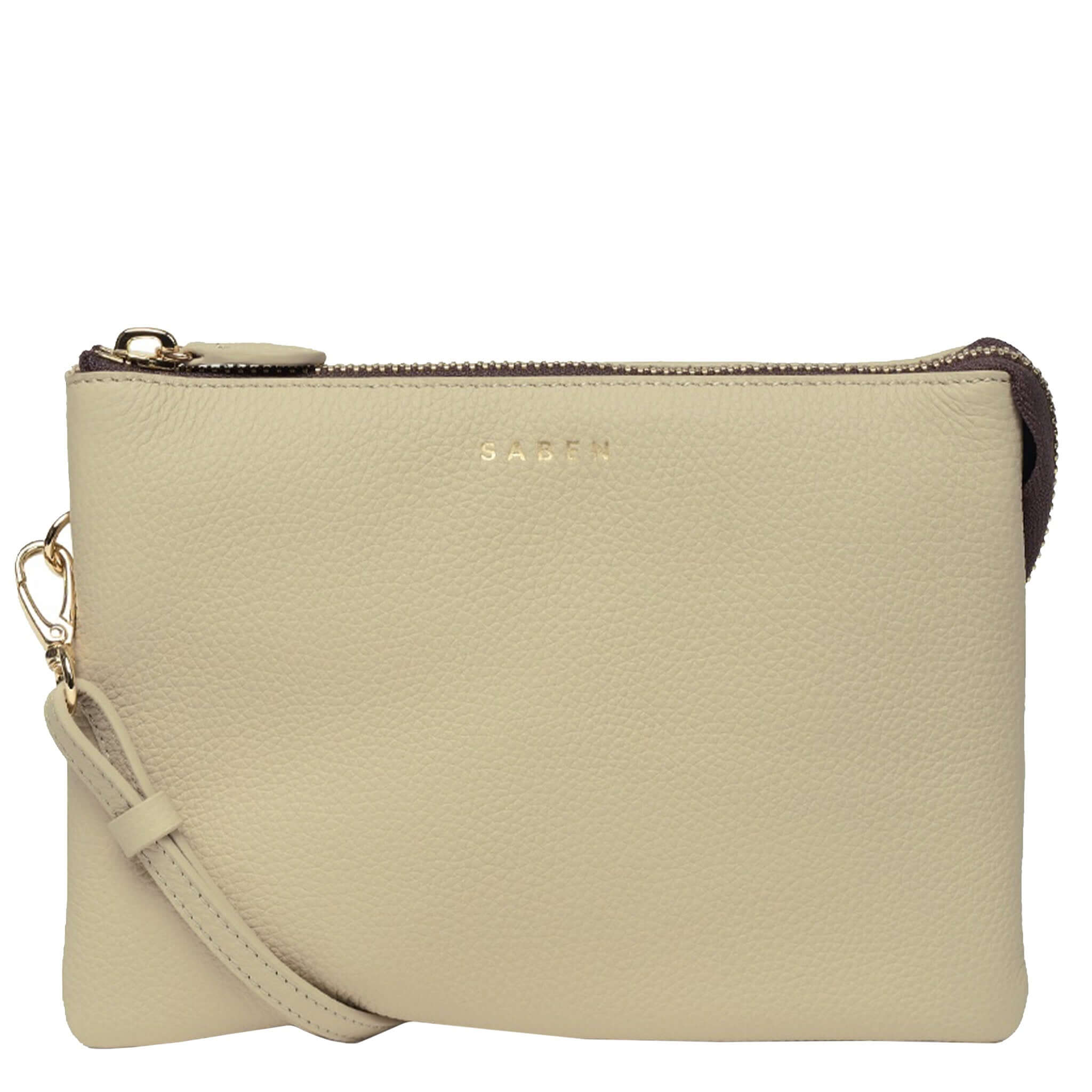 Saben Tilly's Big Sis Crossbody Bag - Oyster, stylish clutch in pebbled oyster leather with gold accents.