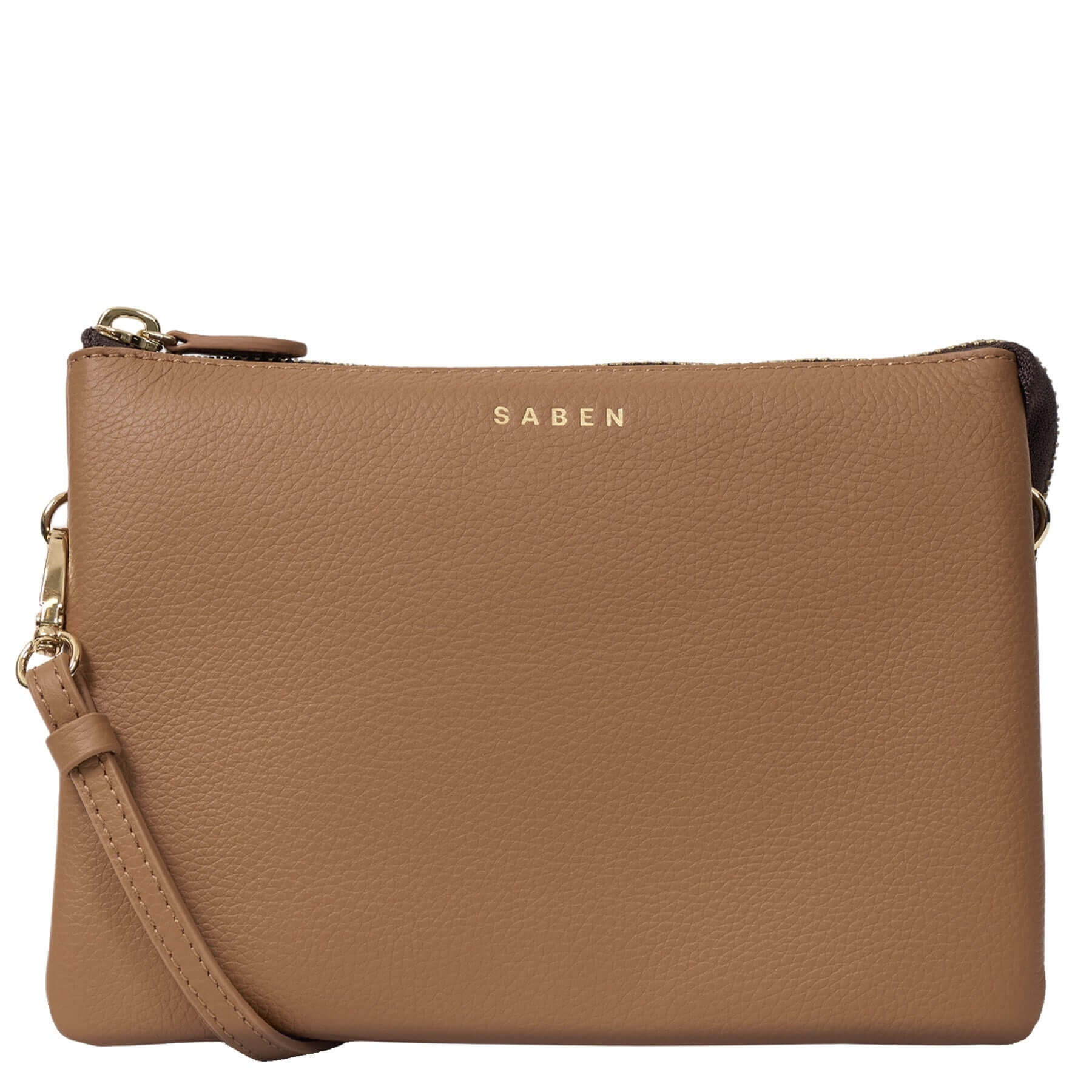 Alt Tag: Saben Tilly's Big Sis Crossbody Bag - Toffee pebbled leather crossbody bag with zip top, wrist strap and gold-tone hardware