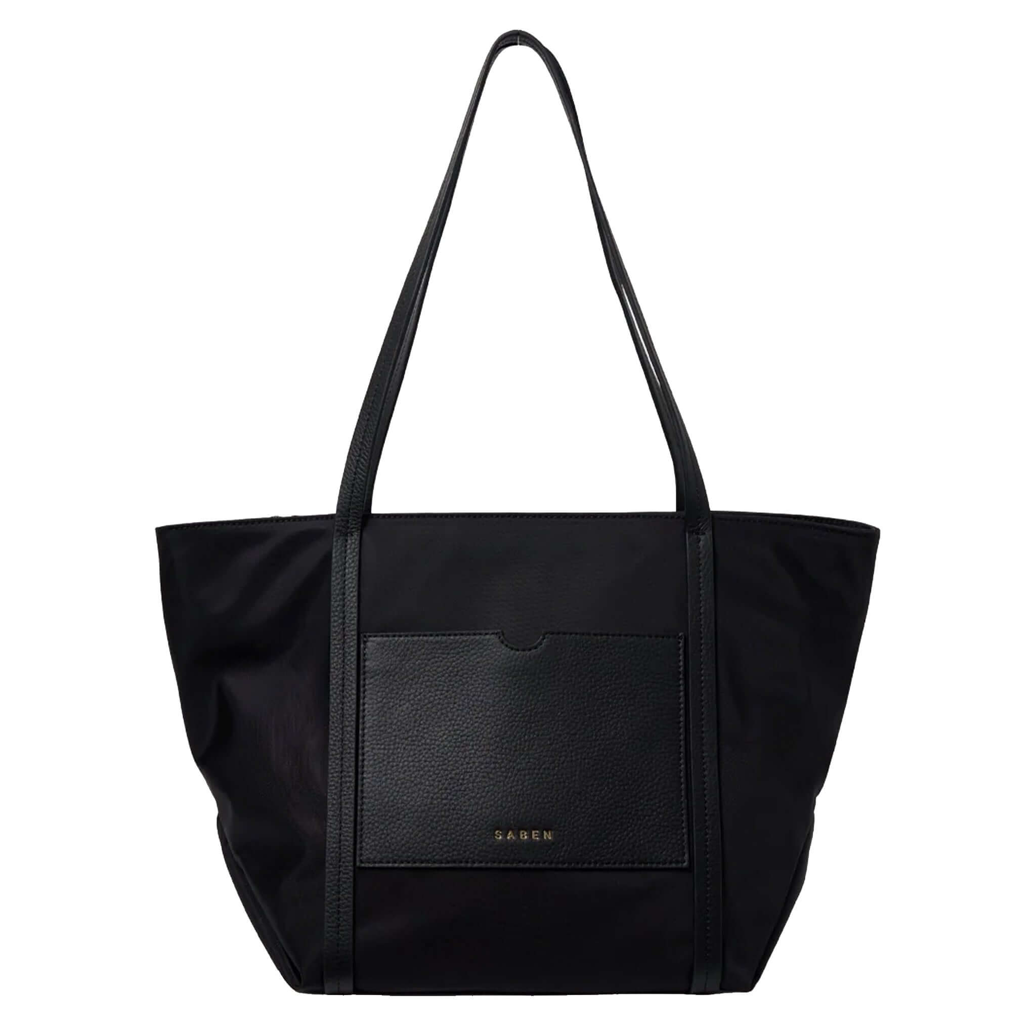 Saben Walker Tote - Black Recycled Nylon stylish tote bag with leather accents and spacious design.