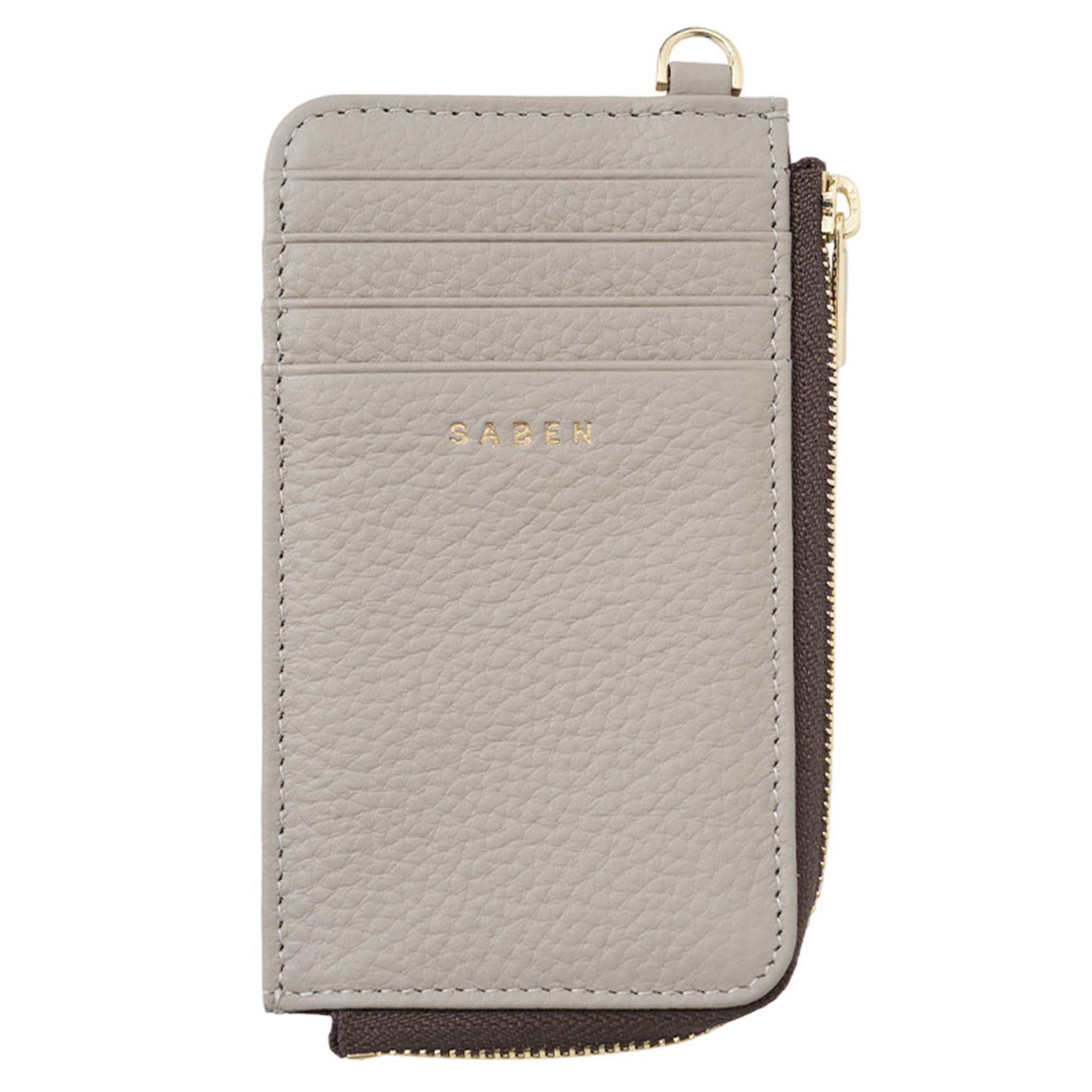 Gray wallet with gold zipper and brand name on a white background
