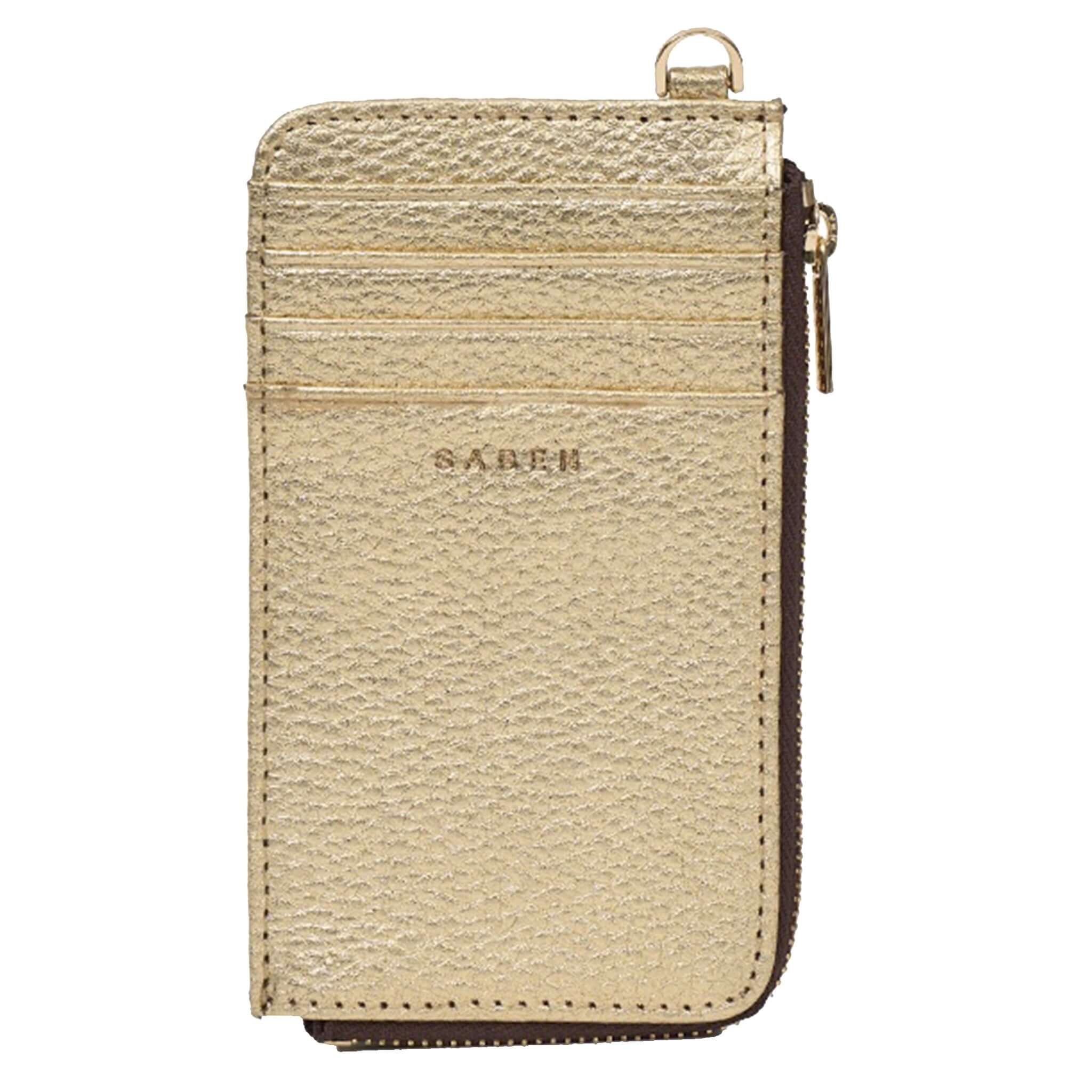 Saben Winona Card Holder - Champagne Metallic in premium textured leather with card slots and zip compartment.