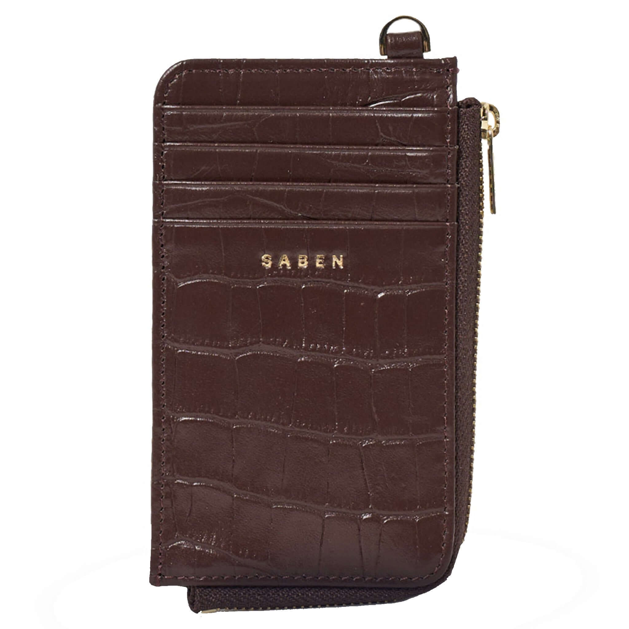 Alt Tag: Saben Winona Card Holder - Espresso Croc textured leather card holder with zip coin pocket, 8 card slots, croc emboss finish