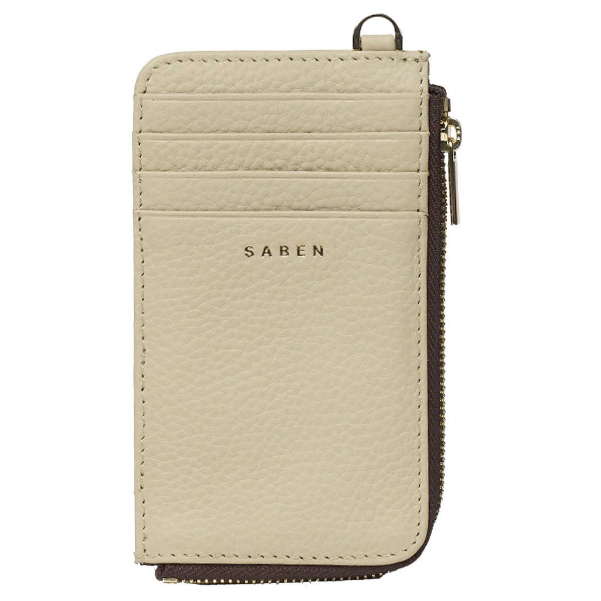 Saben Winona Card Holder - Oyster in textured leather with card slots and secure zip compartment.