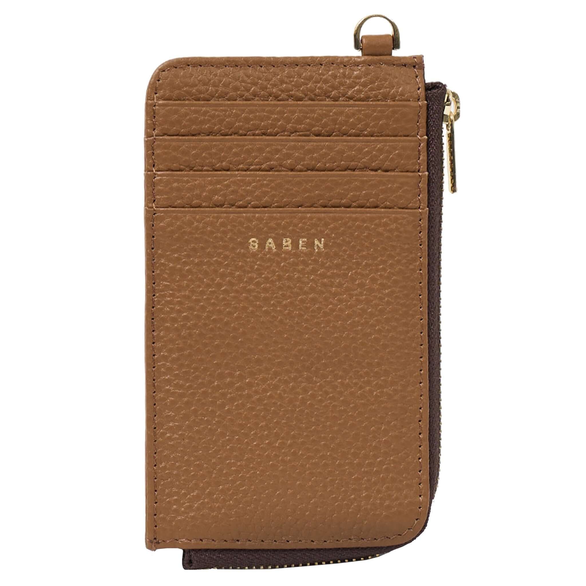 Alt Tag: Saben Winona Card Holder - Toffee textured leather card holder wallet with 8 card slots and zip coin compartment