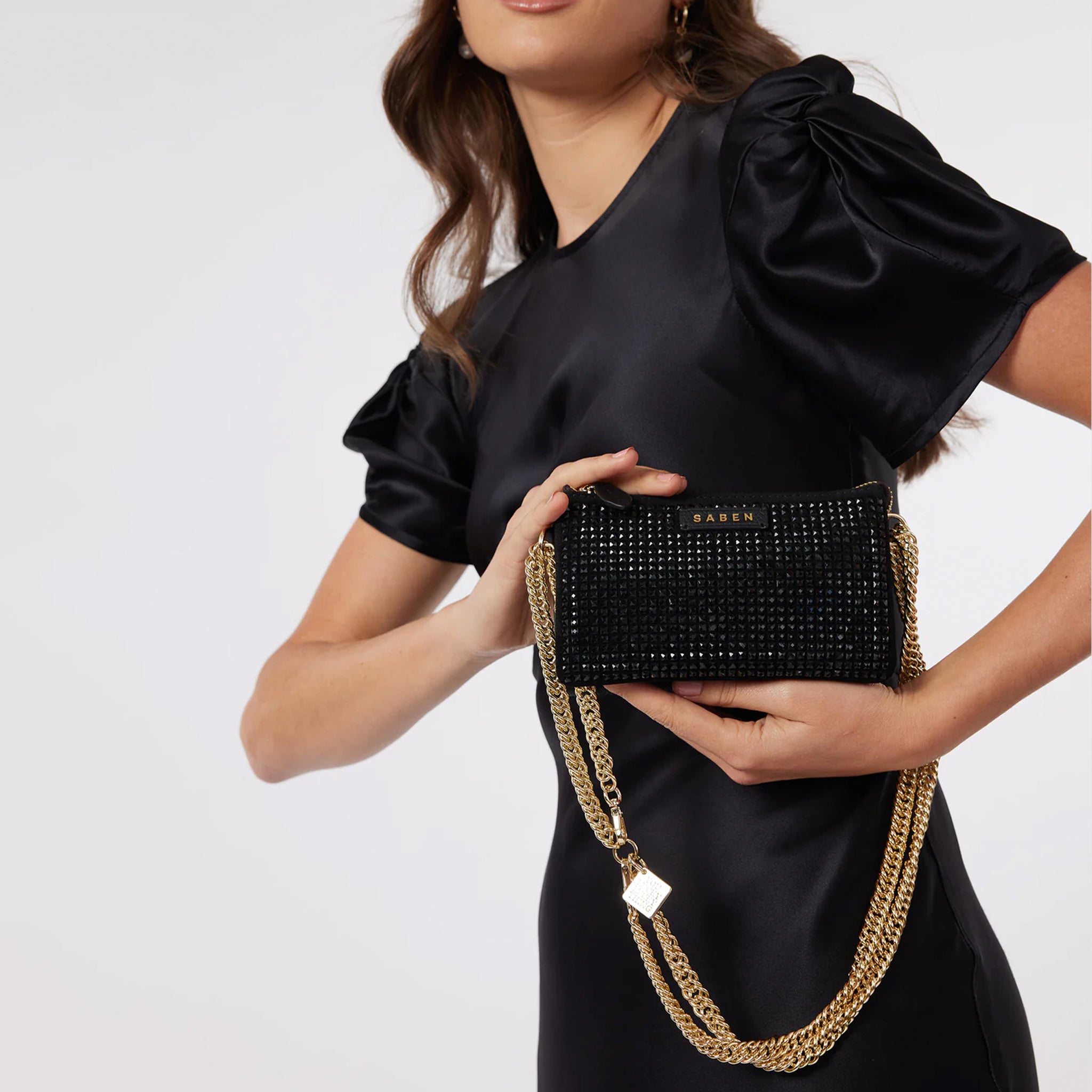 Saben Lily Mini Bag - Black Crystal with Gold Curb Chain